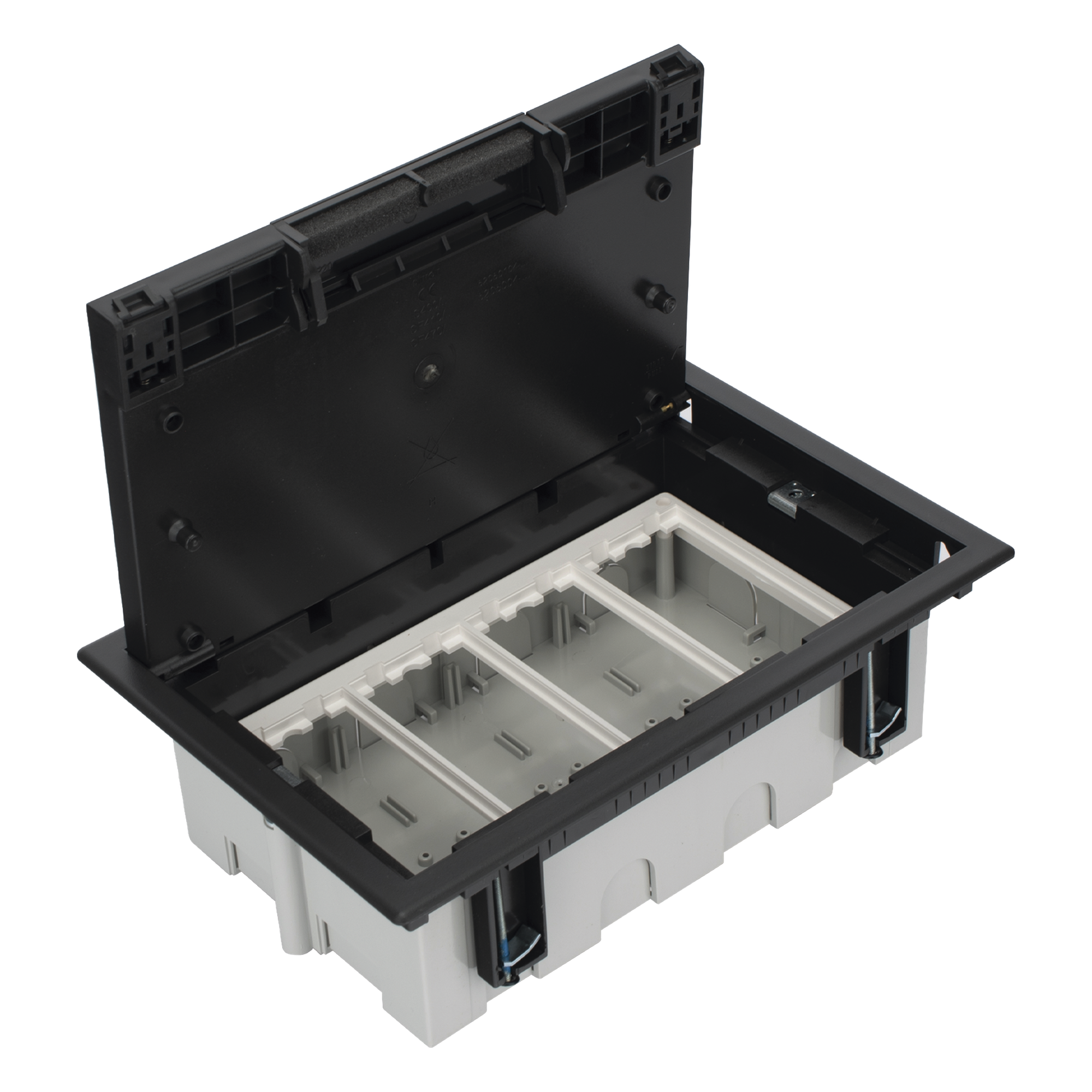 Caja Para Instalación en Piso Falso para Voz, Datos o Contactos Eléctricos / Capacidad para 4 Módulos / Espacio Embellecedor en la Tapa / Profundidad Ajustable de 90 a 120 mm (3.54 a 4.72 pulgadas) / Los Módulos se Adquieren Aparte / (SF410/14CY) — SIMON · SKU SM-CPF-4