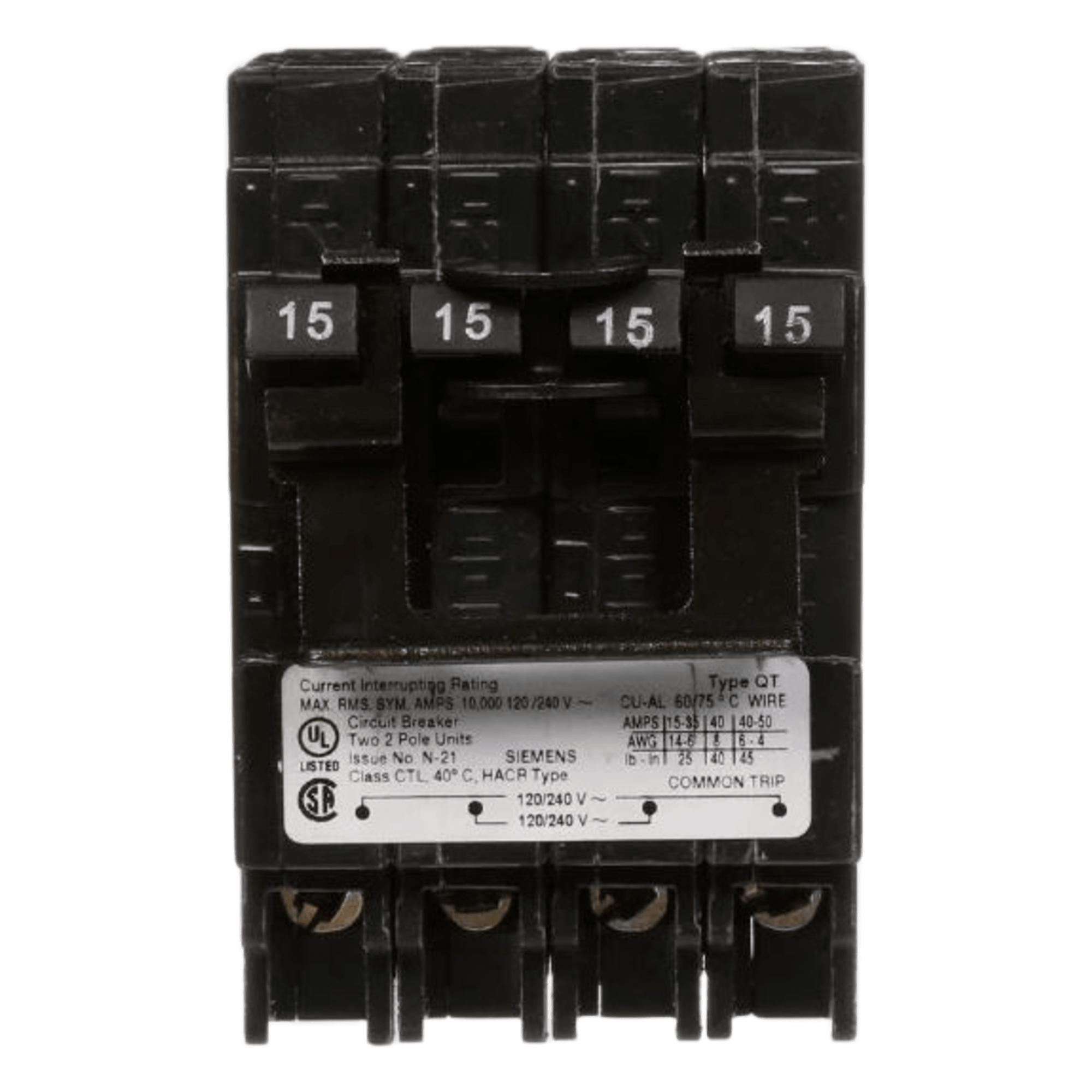 Interruptor Automático TRIPLEX / 2 Polos Simples + 1 Polo Doble / 15-20 A / 120/240 VCA / 10 kA / Enchufable — SIEMENS · SKU Q21520CT
