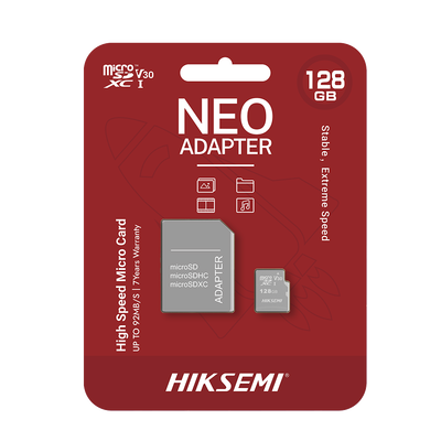 Memoria microSD con Adaptador Ideal para Celular o Tablet / 128 GB / Multipropósito / Clase 10 / 92 MB/s Lectura / 50 MB/s Escritura — HIKSEMI by HIKVISION · SKU HS-TF-C1/128G/NEO/A