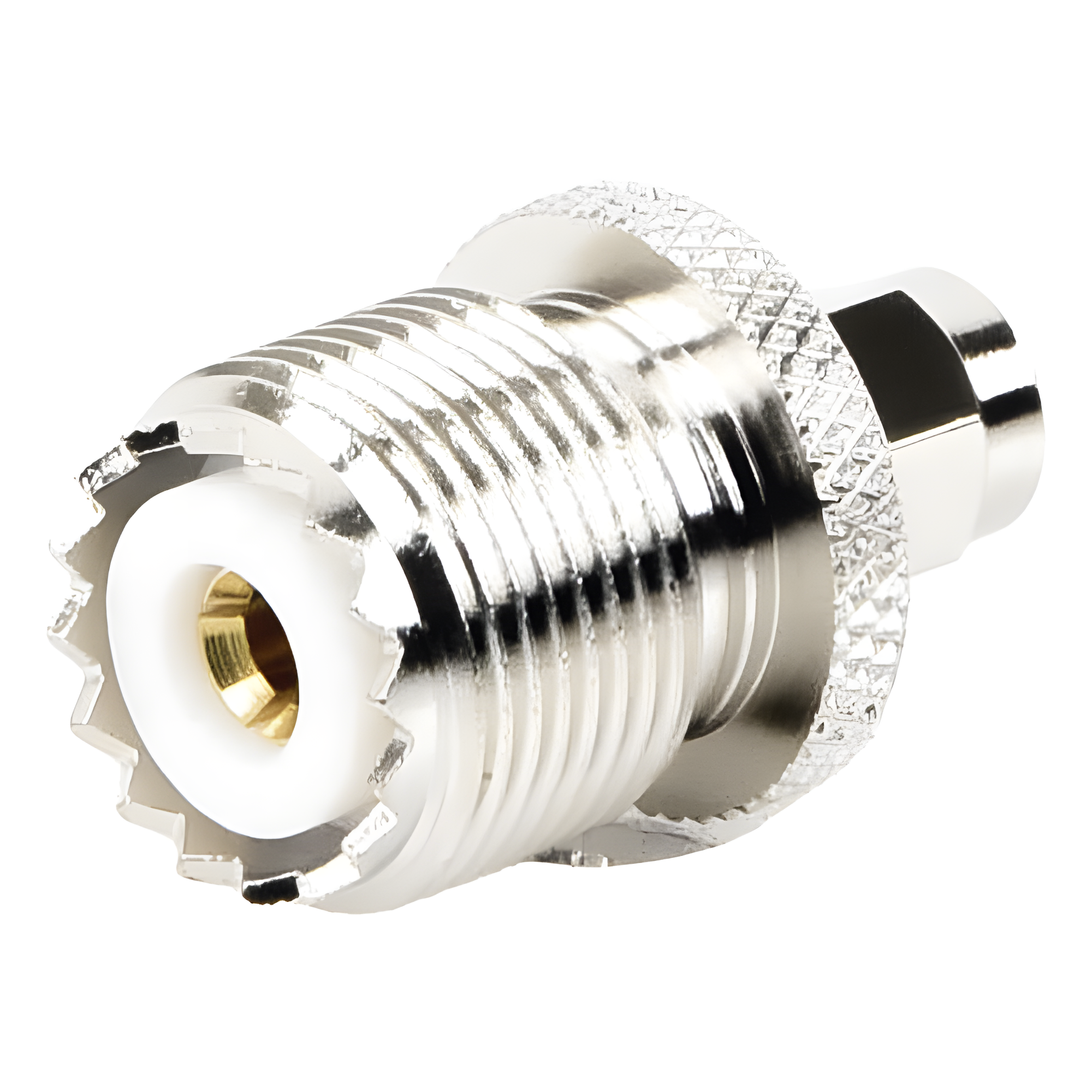 Adaptador Coaxial en Línea / SMA Macho a UHF Hembra (SO-239) / Cuerpo Bronce Niquelado / Contacto Oro / Aislante Teflón — RF INDUSTRIES,LTD · SKU RSA-3457