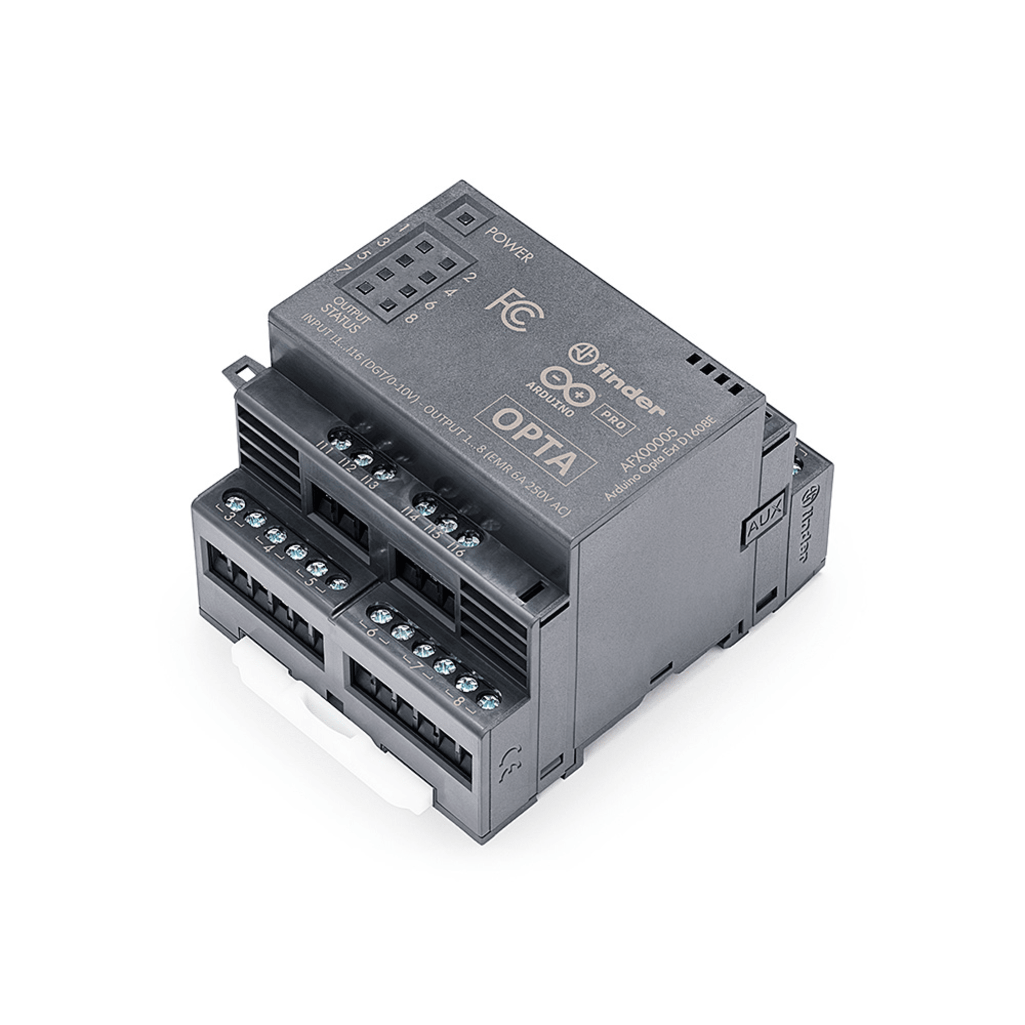 Expansión Digital Arduino Opta® / 16 Entradas Programables / 8 Relés / Electromecánicos 6A 250VAC o Estado Sólido 3A 24VDC / IP20 / Hasta 5 Módulos en Cadena / Compatible Arduino IDE y PLC IDE — ARDUINO LLC · SKU AFX-00005