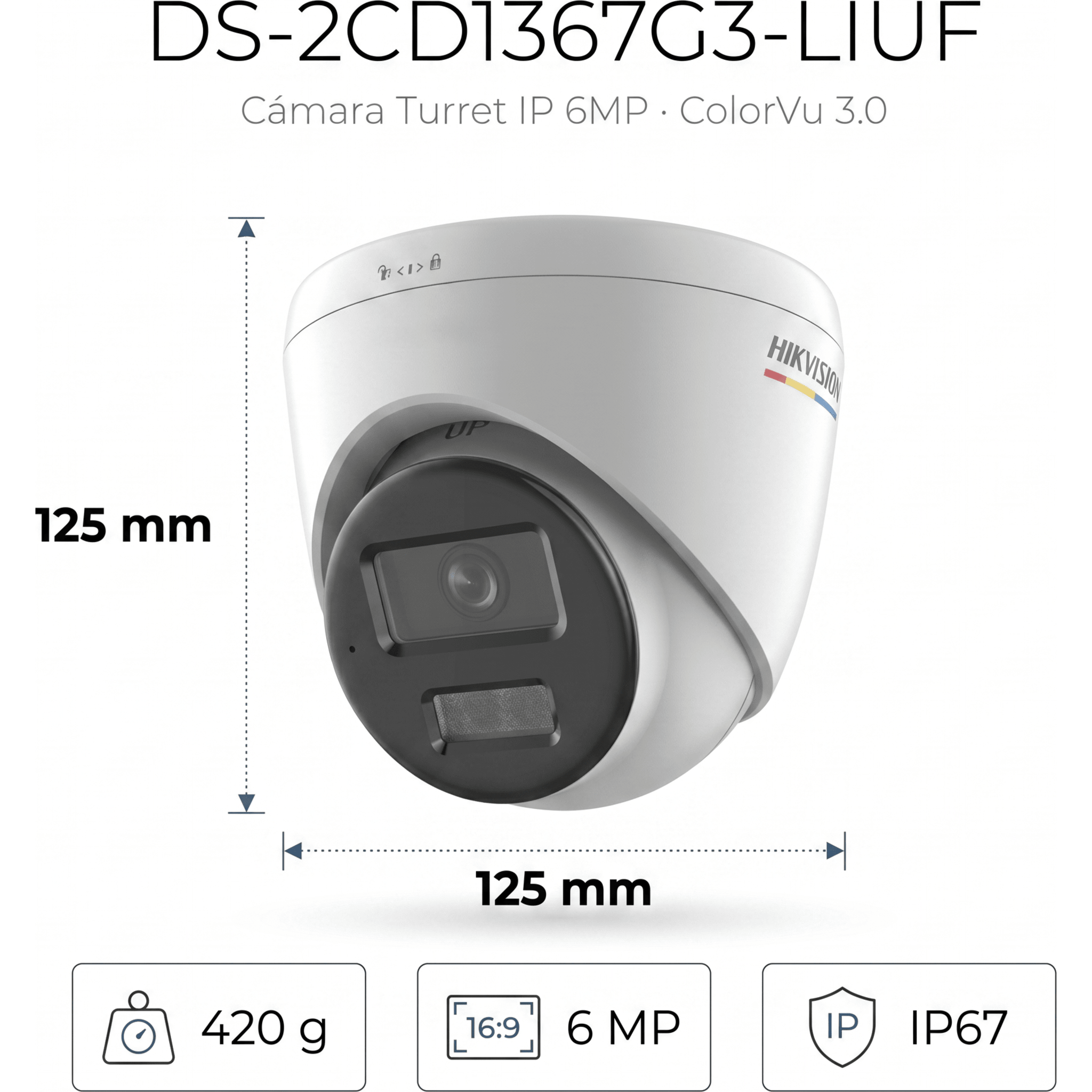 [ColorVu 3.0 + MD 3.0] Turret IP 6 Megapixel / Lente 2.8 mm / 30 mts IR + 30 mts Luz Blanca / Micrófono Integrado / ACUSENSE Lite / Exterior IP67 / WDR 120 dB / PoE / Micro SD 