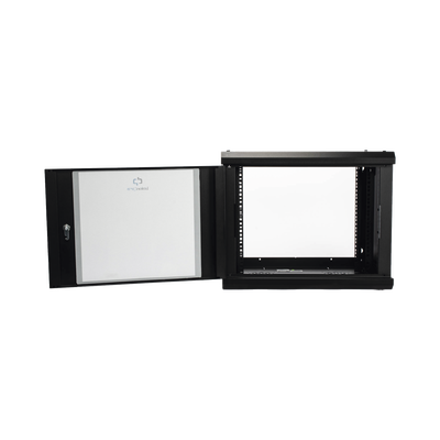 Gabinete de Pared de 9U con Puerta de Cristal Templado, 455 mm de Profundidad, Rack de 19'', Acero Reforzado Color Negro.