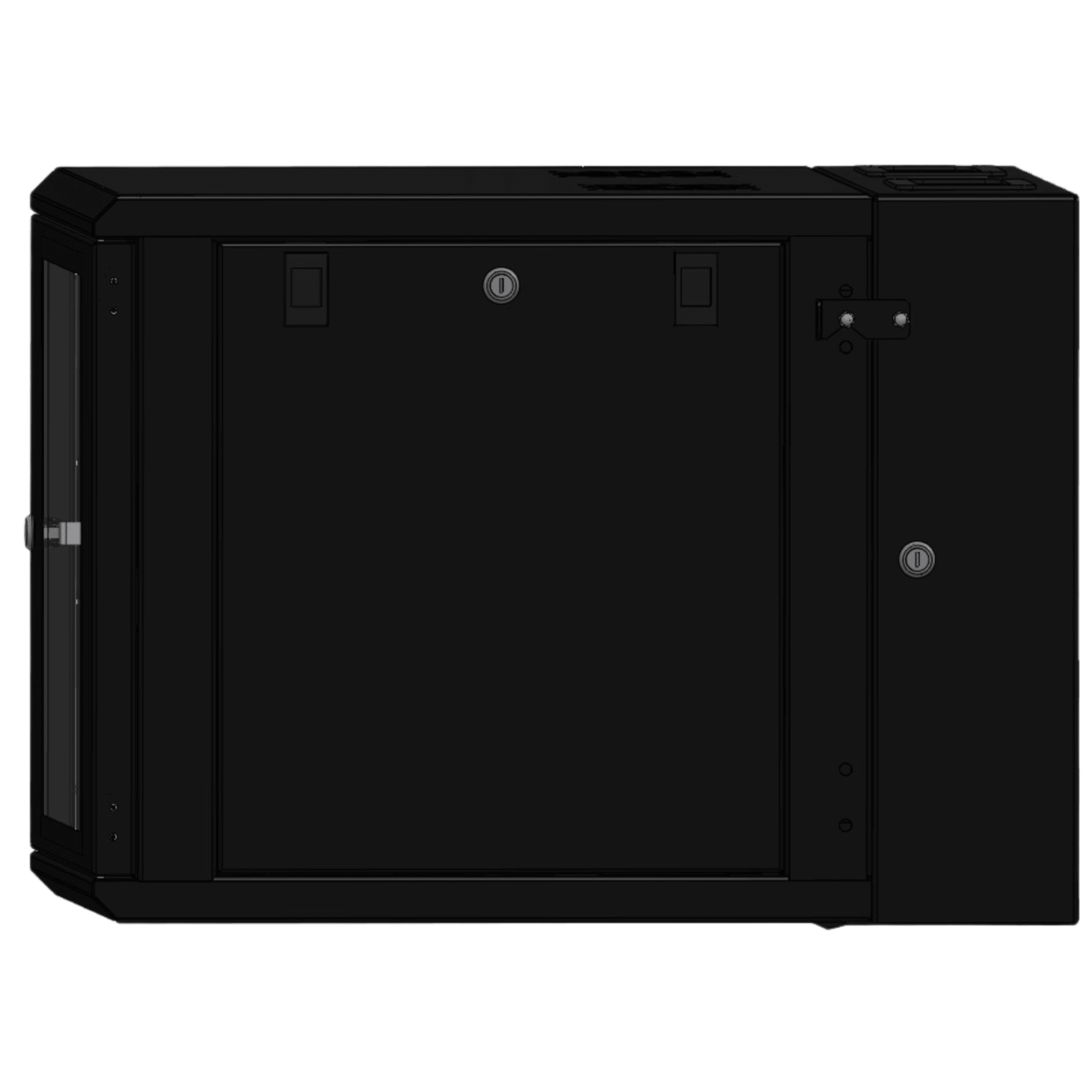 Gabinete Rackeable / 09 Unidades / Pared 19 Pulgadas / Puerta de Cristal / Acero Calibres 18-22 / Carga 80 kg / Dimensiones 634x632x468 mm (25x24.9x18.4 in) / Abatible 120° / Ventilación