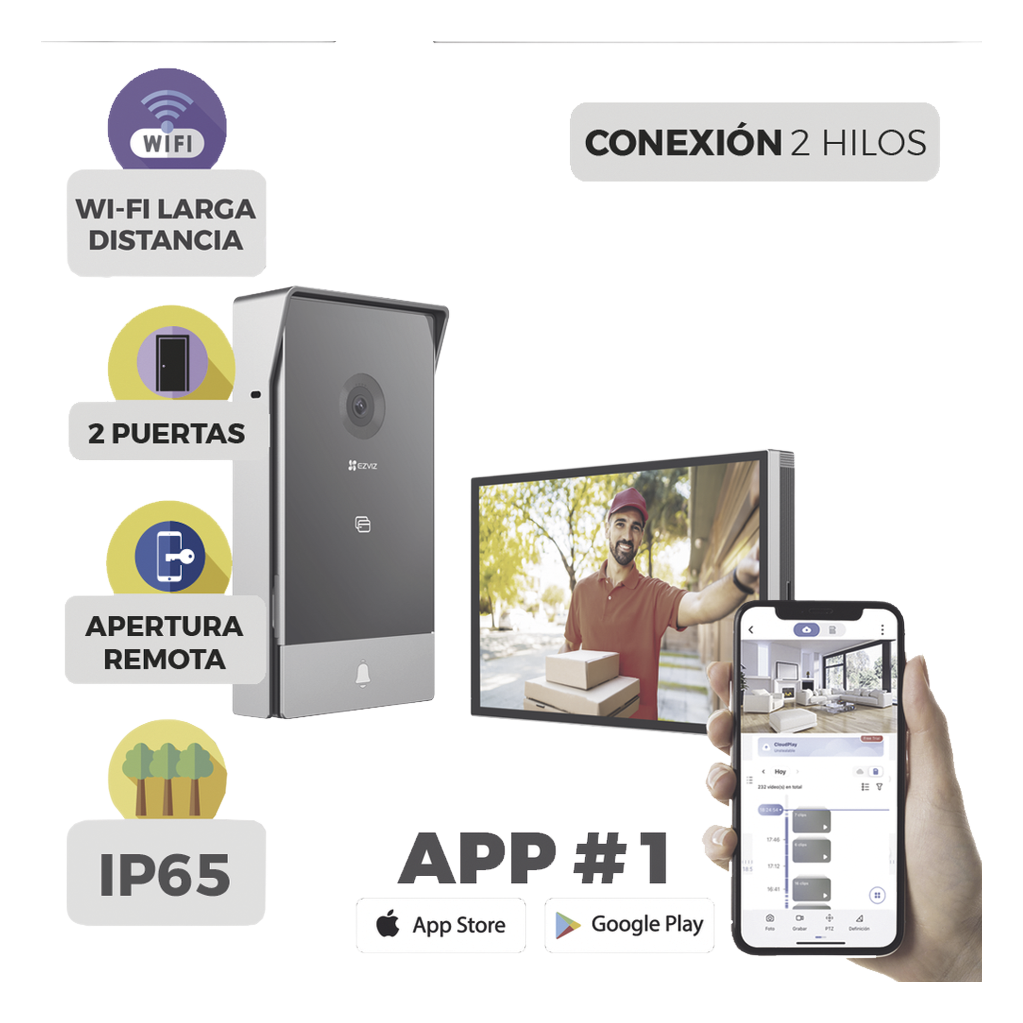 Videoportero IP Conexión a 2 Hilos / Con Monitor Wi-Fi para Interior / Frente de Calle IP65 Uso En Exterior Debe Tener Protección / Cámara 3 Megapíxel / Llamada a la App / Apertura remota / Apertura de 1 Puerta y un 1 Porton — EZVIZ · SKU CS-HP7