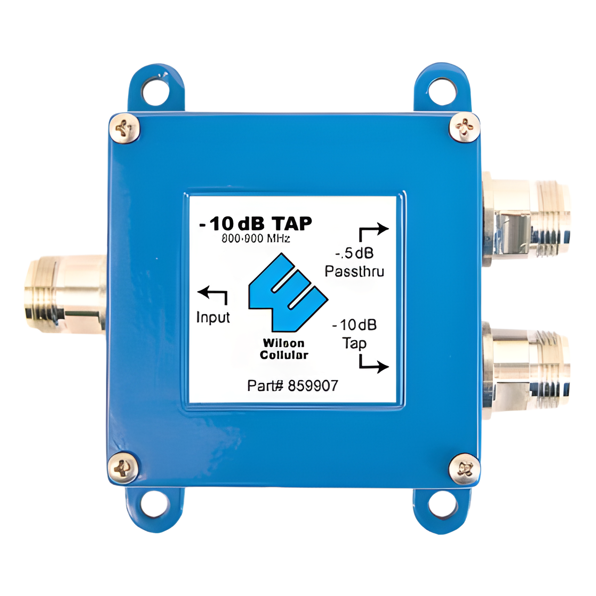 Separador TAP -10 dB con rango de frecuencia de 700 a 2500 MHz. Ideal para separar la antenas a diferentes longitudes de cable coaxial. 50 Ohm con conectores N Hembra. — WILSONPRO / WEBOOST · SKU 859-907