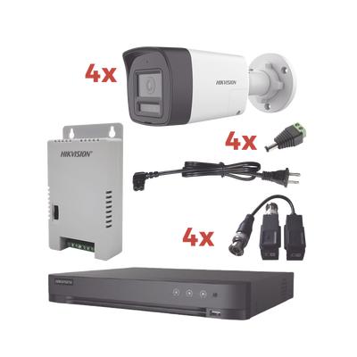Kit Audio Bidireccional TurboHD 1080p / DVR 4 Canales / 4 Cámaras Bala (Exterior) con Bocina y Microfóno Integrado / 1 Fuente de Poder / Accesorios — HIKVISION · SKU KH-1080P-4B-TWA