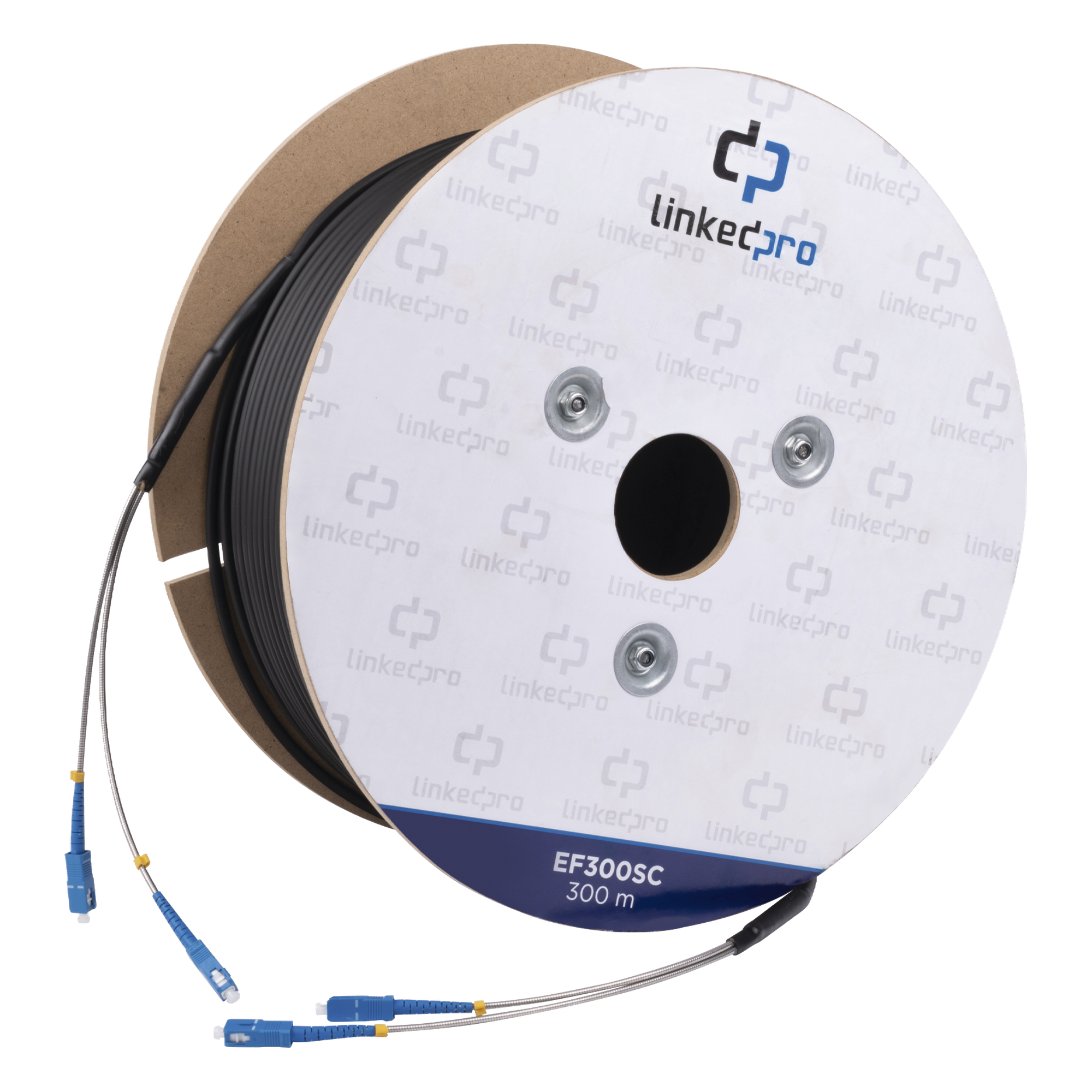 Carrete de Fibra Óptica Monomodo con Conectores SC-SC Duplex, Reforzada con Kevlar, de 300 Metros (984.25 Pies), Para Instalaciones Subterráneas por Tubería — LINKEDPRO BY EPCOM · SKU EF-300-SC