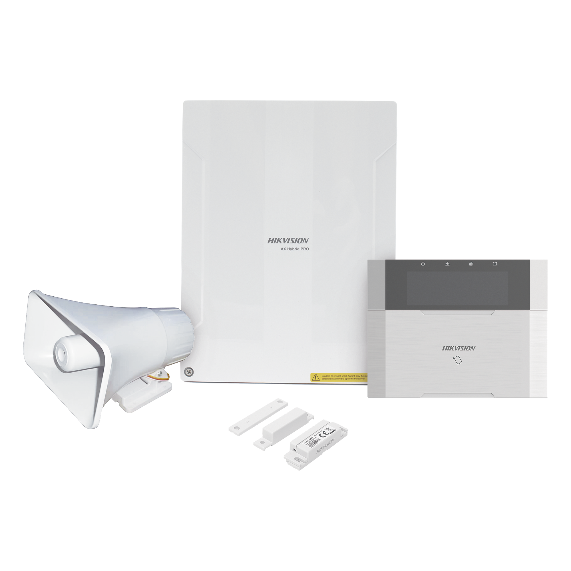 KIT Panel de Alarma AX HYBRID PRO / 1 Panel Híbrido / 1 Teclado LCD / 1 Contacto Magnético / 1 Sirena de 30 Watts — HIKVISION · SKU AXHYBRIDPRO-KIT