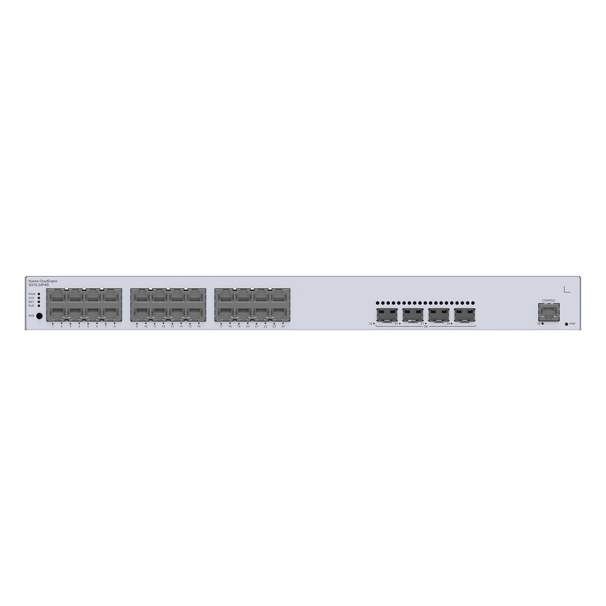 Switch de Distribución/Core Gigabit Administrable PoE Capa 3 / 24 puertos 10/100/1000 Mbps (PoE) / 4 Puertos 1GE SFP Uplink / ERPS / Rutas Estáticas / iStack / PoE Perpetuo / 400W / Administración Nube Gratis — HUAWEI · SKU S310-24P4S