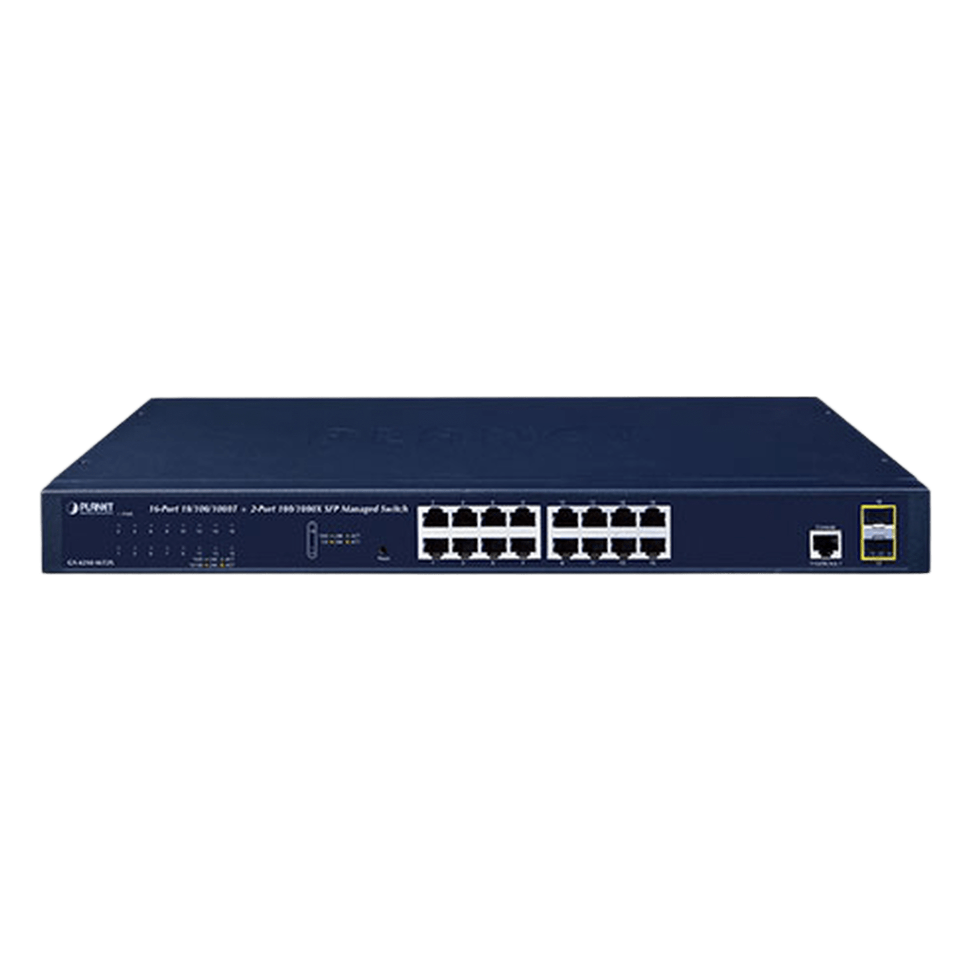 Switch Administrable Capa 2, 16 Puertos 10/100/1000T, 2 Puertos SFP 100/1G/2.5G, Administración Remota con CloudNMS — PLANET · SKU GS-4210-16T2S