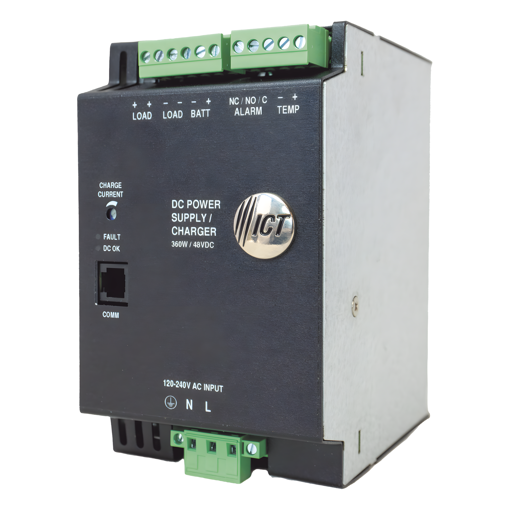 Fuente de Poder Industrial de 480W, salida 48 Vcc, para montaje en riel Din — ICT · SKU ICT36048DIN