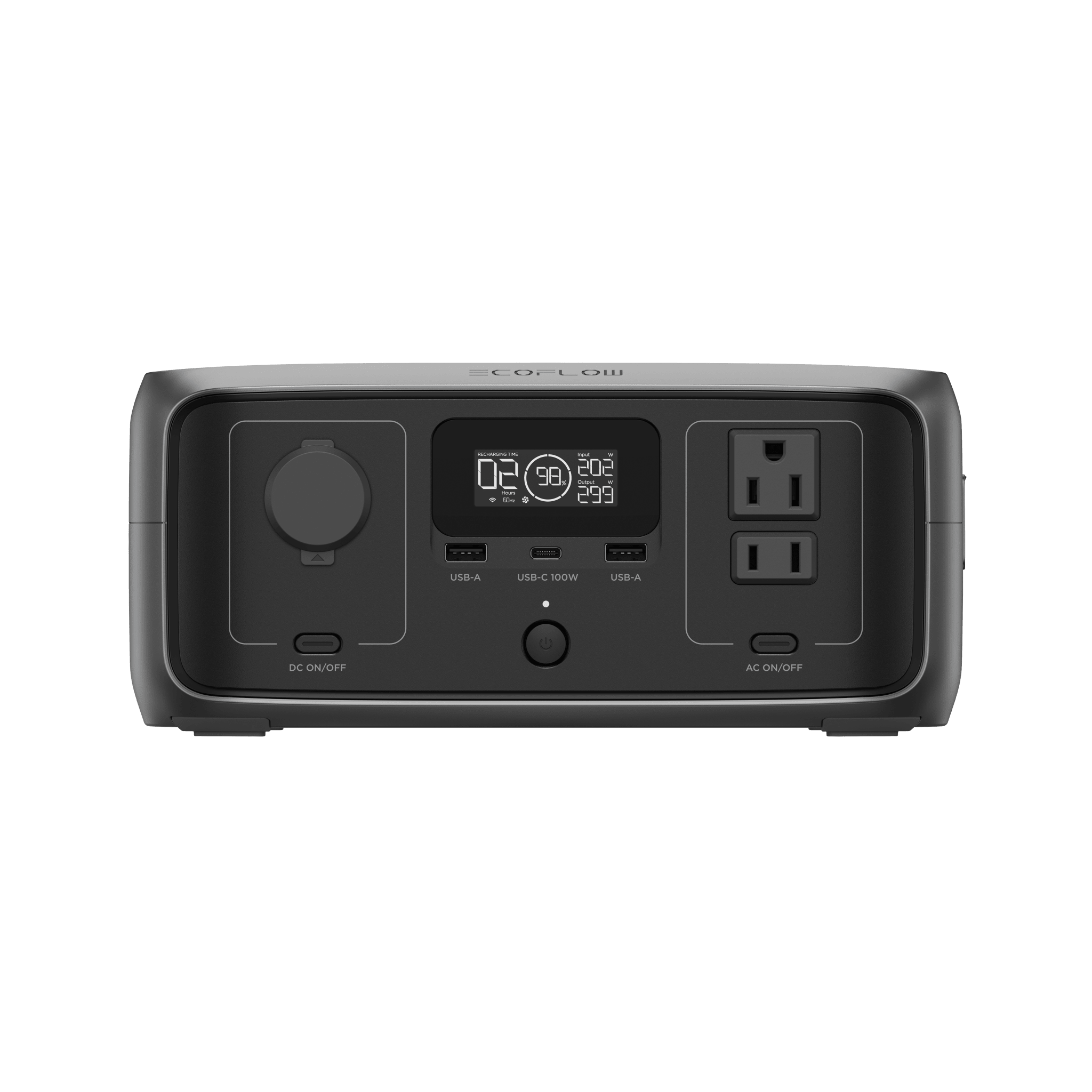 EcoFlow River 3 | Estación de Energía Portátil 245Wh Litio LFP / 2 AC 300 W (Max. 550W) / 1 USB-C 100W / 2 USB -A 12W / Cargador de Coche 8A a 12 o 24V / Conectividad WiFi y Bluetooth (App) / Carga Solar 110W Max.