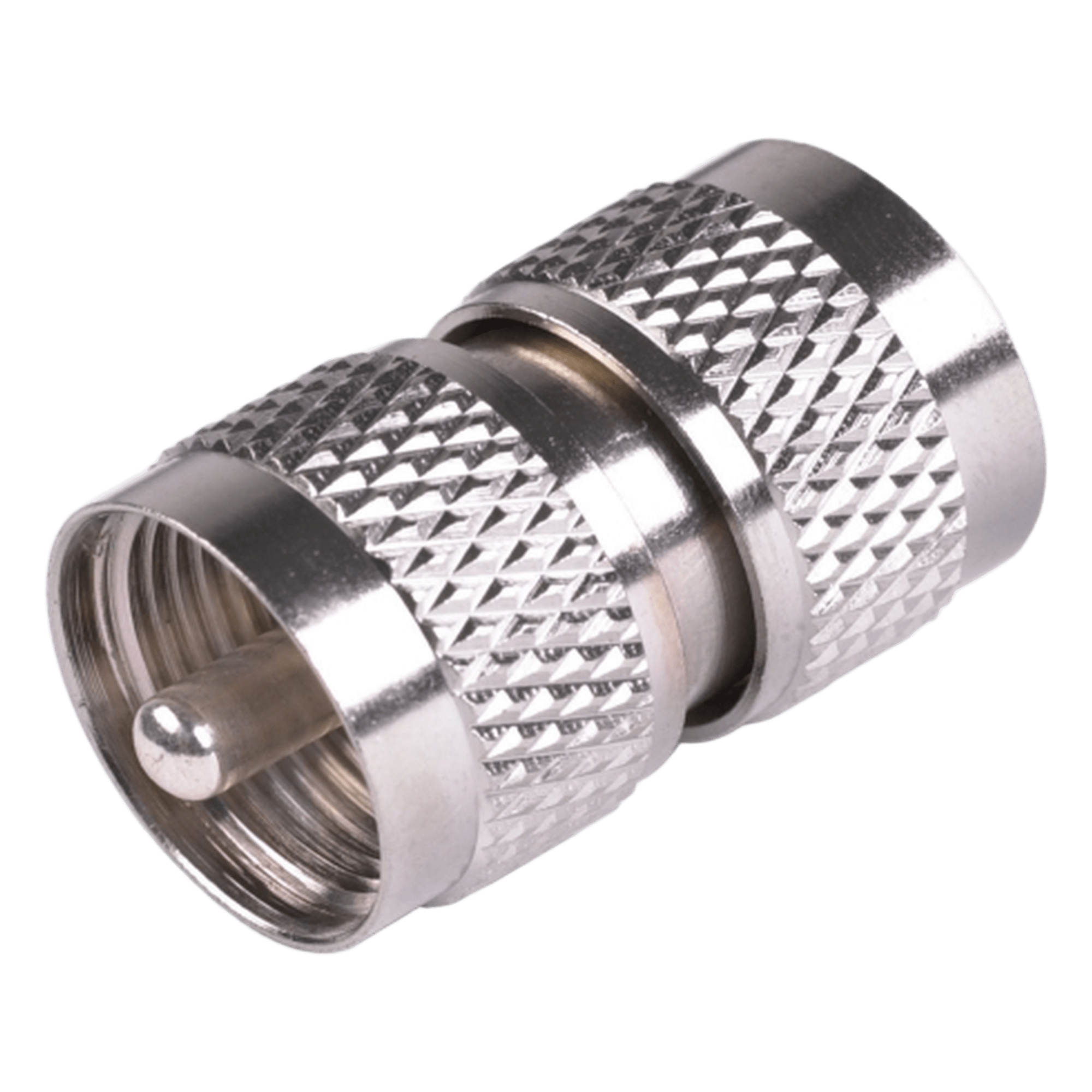 Adaptador RF Coaxial / UHF Macho a UHF Macho / Barril en Línea / Cuerpo Bronce Niquelado / Aislante Teflón — RF INDUSTRIES,LTD · SKU RFU-538