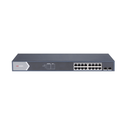 Switch Gigabit PoE+ / Administrable / 16 Puertos 1000 Mbps PoE+ / 2 Puertos SFP / Configuración Nube desde Hik-ParnerPro / PoE hasta 300 Metros / 225 Watts — HIKVISION · SKU DS-3E1518P-SI