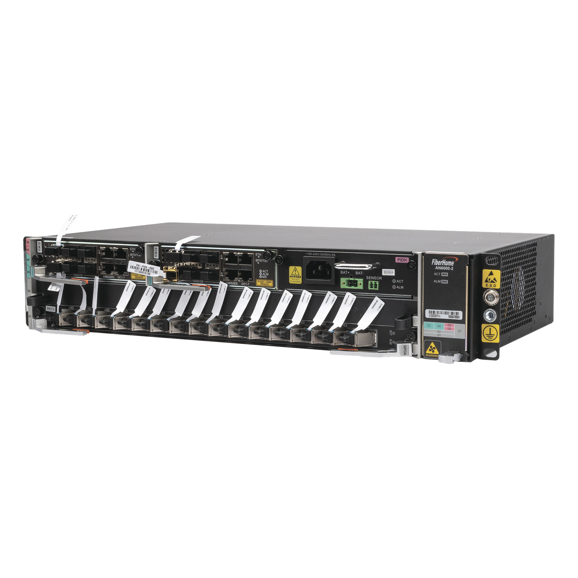 OLT Carrier Class Modular GPON, 2 Ranuras, Incluye 1 Tarjeta GPOA de 16 puertos GPON, 1 Fuente de CA, 2 UR, Gestión por UNM2000, CLI, Incluye Instalación de Software UNM2000, (Interoperabilidad con ONUs de Terceros sin Costo) — FIBERHOME · SKU AN6000-2-AC