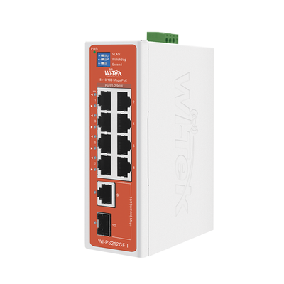Switch Semi-Industrial / No administrable / 8 puertos 10/100 PoE af/at/bt / 1 puerto Gigabit RJ45 Uplink / 1 puerto SFP Uplink / Presupuesto PoE 110 Watts / — WI-TEK · SKU WI-PS212GF-I-V2