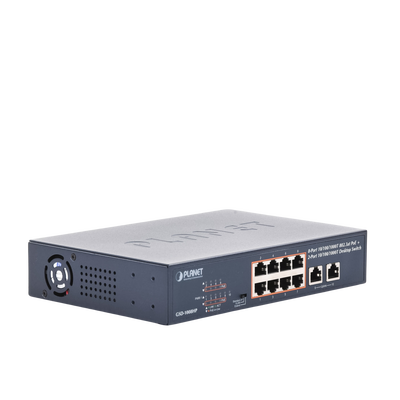 Switch de Escritorio No Administrable / 8 Puertos 10/100/1000T PoE+ 802.3at / 2 Puertos Uplink 10/100/1000T / Presupuesto PoE 120 Watts / Modos Estándar, VLAN y Extend / Distancia Extendida 250 mts / Rackeable