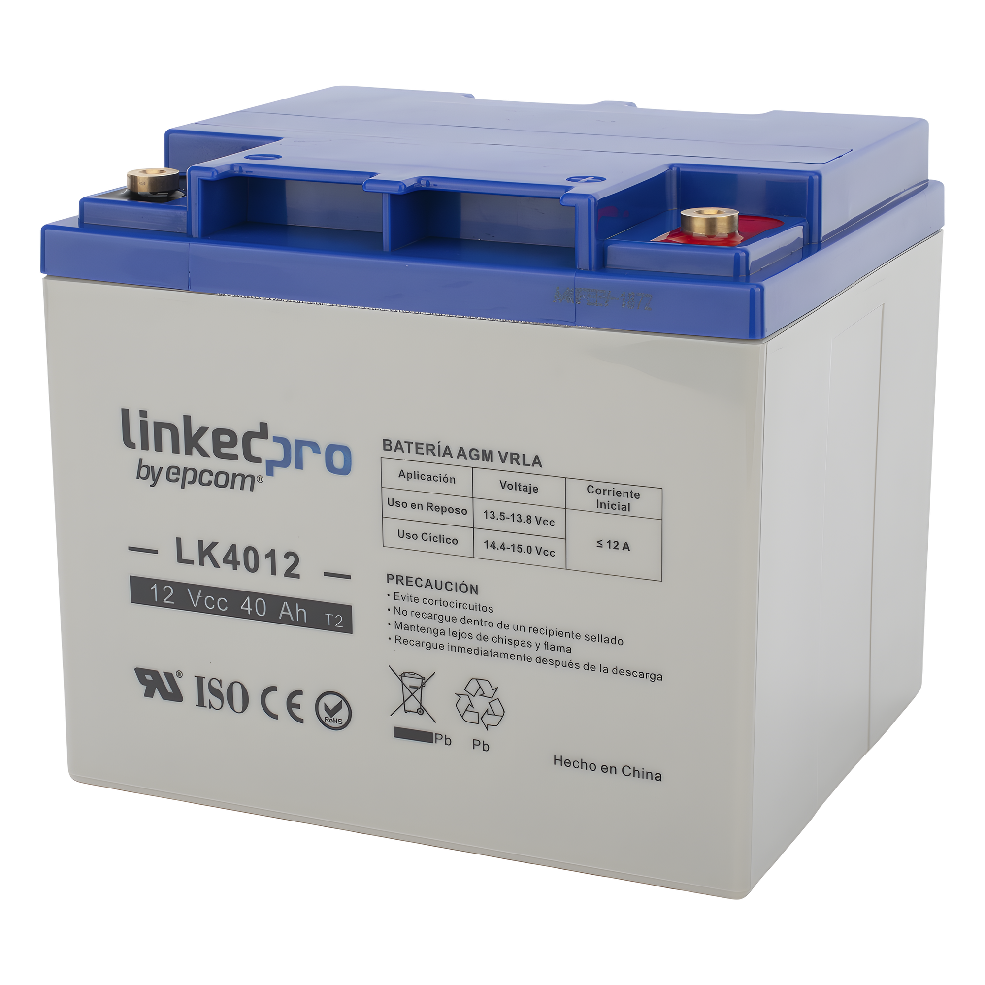 Batería de respaldo 12 V | 40 Ah | AGM | Especial para Seguridad Electrónica | UPS | Sistemas de Emergencia | Certificada UL | Vida útil 5 años | Terminales T2 — LINKEDPRO BY EPCOM · SKU LK4012