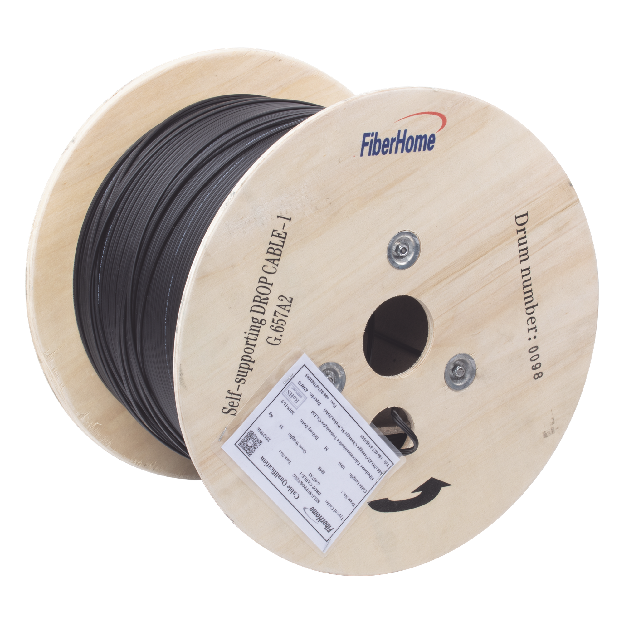 Carrete de 1 km de Fibra Óptica Aérea Mini Figura 8 G.657A2 Tipo Drop, Monomodo de 1 Hilo (Unifibra), Color Negro, Span 80 — LINKEDPRO BY FIBERHOME · SKU IC-FIG8A2-1C
