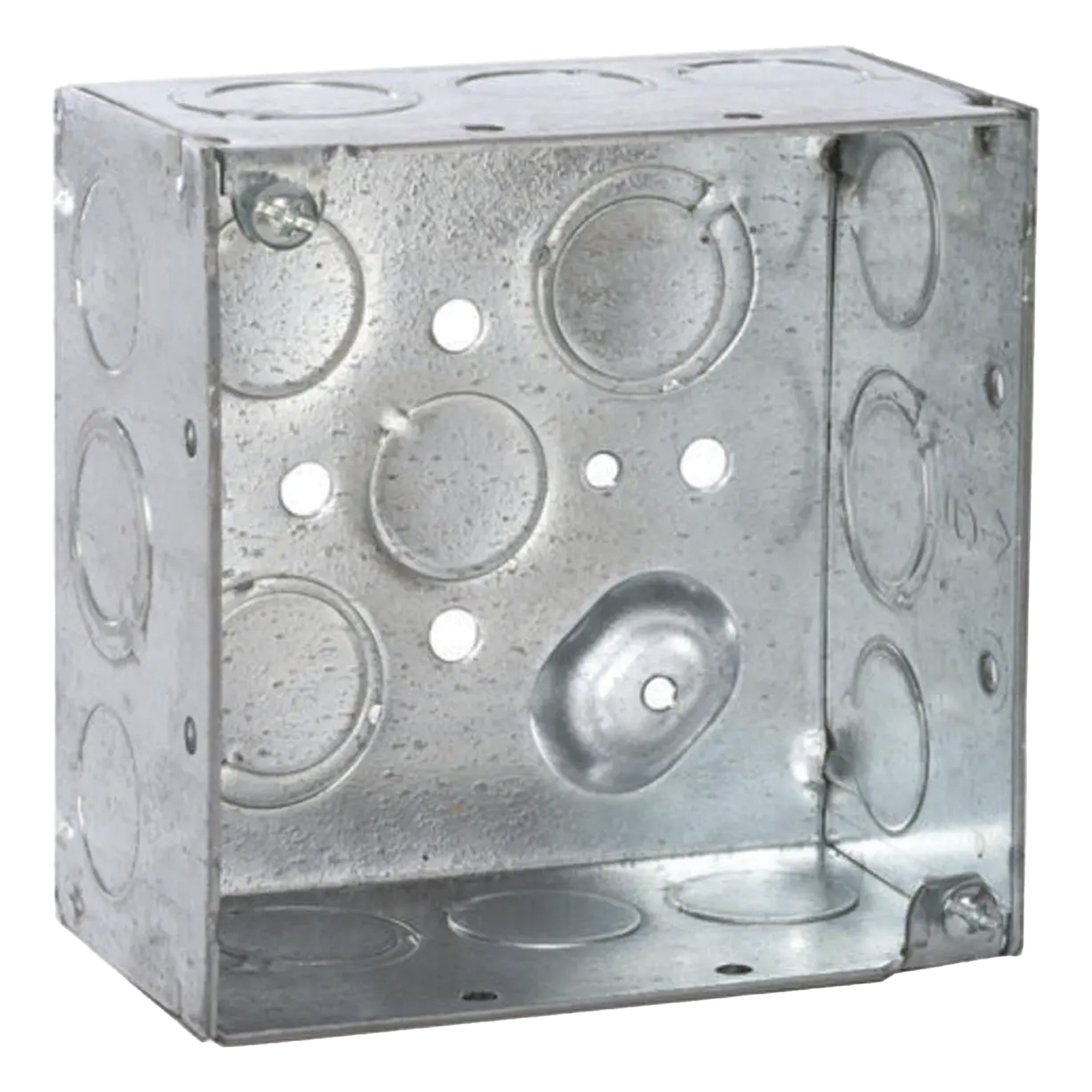 Caja Cuadrada Galvanizada de 4" x 4", profundidad de 2 1/8". Cuenta con 10 KO de 1/2" y 6 TKO (1/2" - 3/4")) — RACO · SKU HUB-232