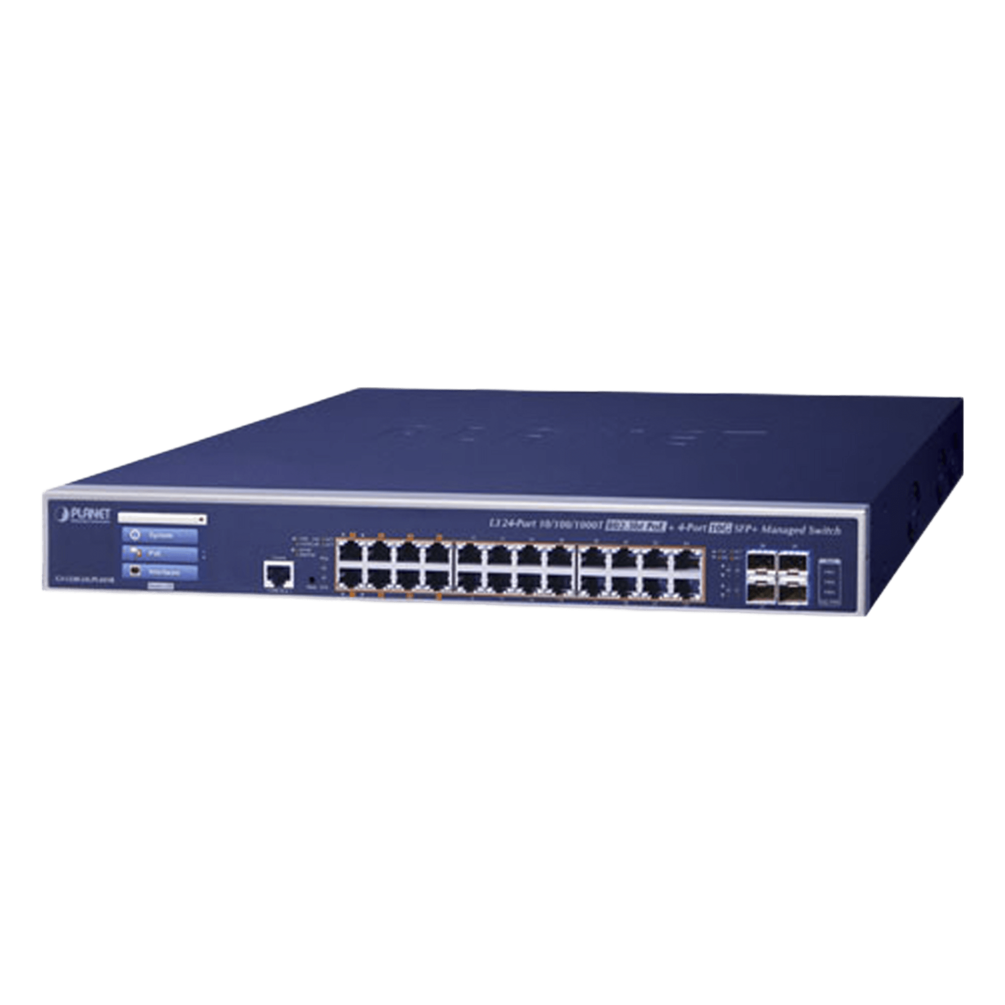 Switch Administrable Capa 3, 24 Puertos Gigabit 802.3bt, Hasta 600 W, 4 Puertos 10 G SFP+, Con Pantalla Táctil para Configuración Básica — PLANET · SKU GS-5220-24UPL4XVR