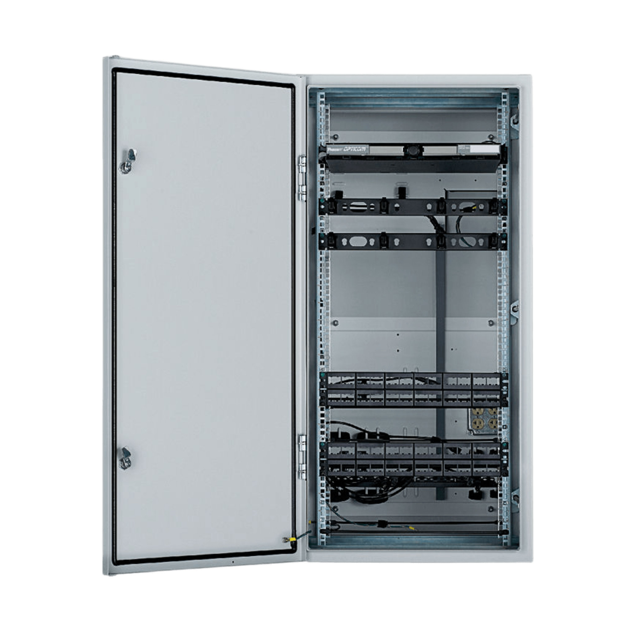 Gabinete Industrial Preconfigurado de Montaje en Pared, Fabricado en Acero Bajo en Carbono, Protección NEMA 4/12 IP66, de 26 UR, Color Gris