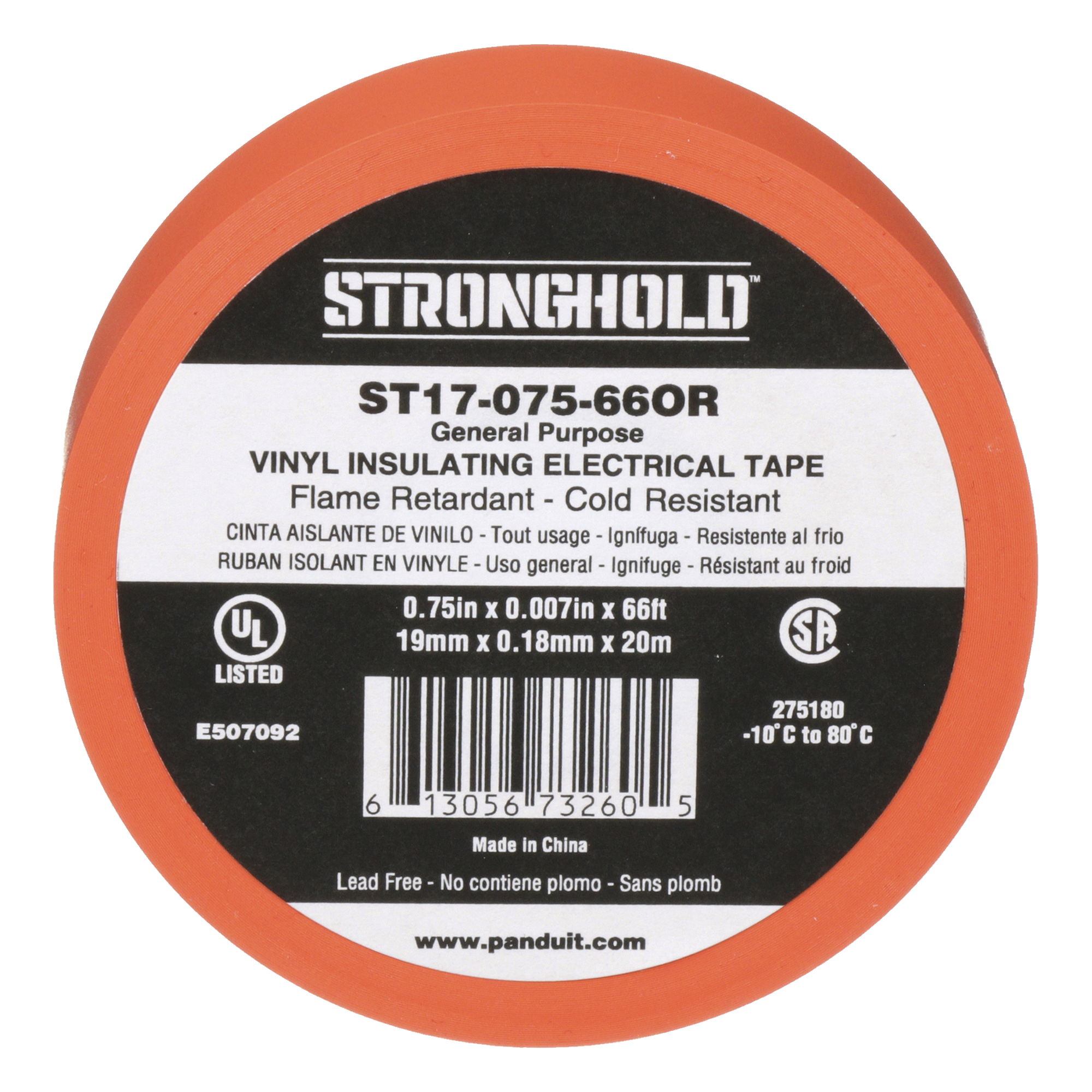 Cinta Eléctrica STRONGHOLD para Aislar, de PVC, Uso General Reparación y Mantenimiento, Grosor de 0.18mm (7 mil), Ancho de 19mm, y 20.12m de Largo, Color Naranja — PANDUIT · SKU ST17-075-66OR