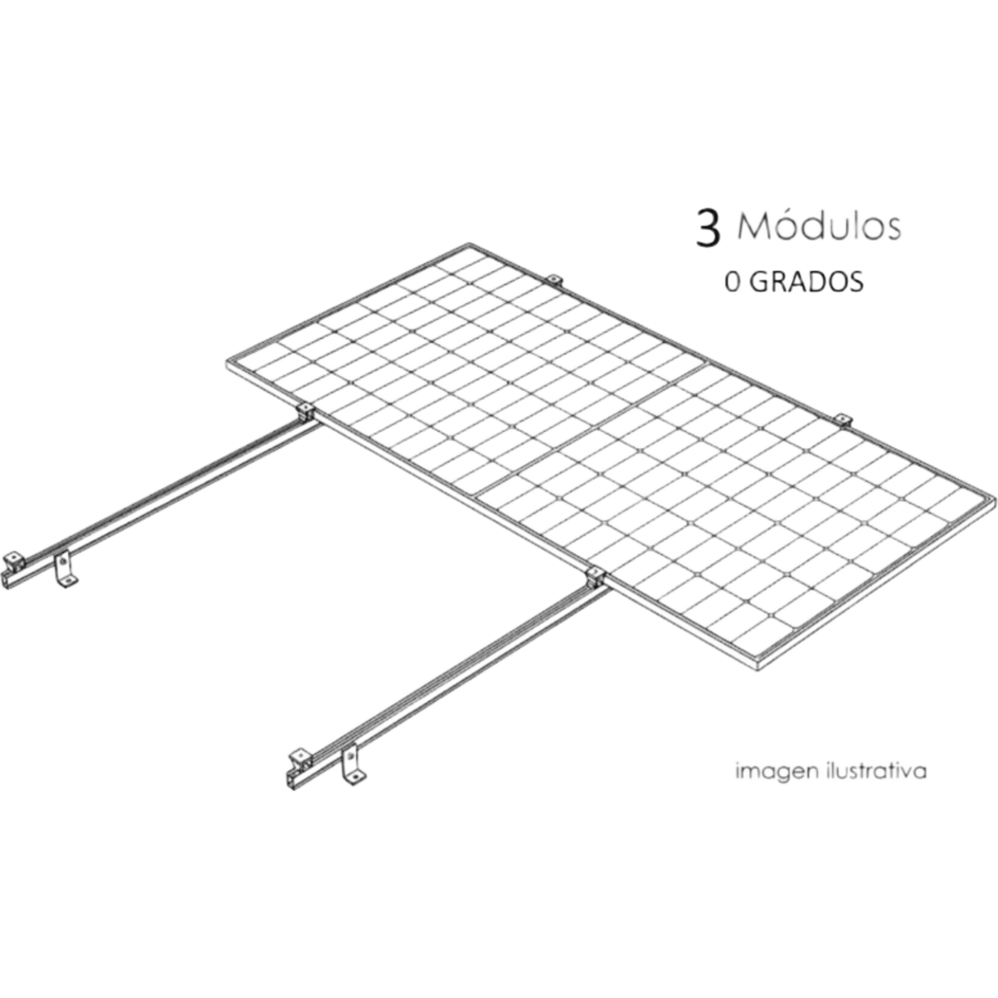 Sistema de Montaje Solar / Techo Plano Single Row / 1 Módulo / Riel N-S 2.14 m / Resistencia Viento 140 km/h / Inclinación 15° / Área 4 m² (43.1 ft²) — BASEL · SKU KITBASEL1X3A0