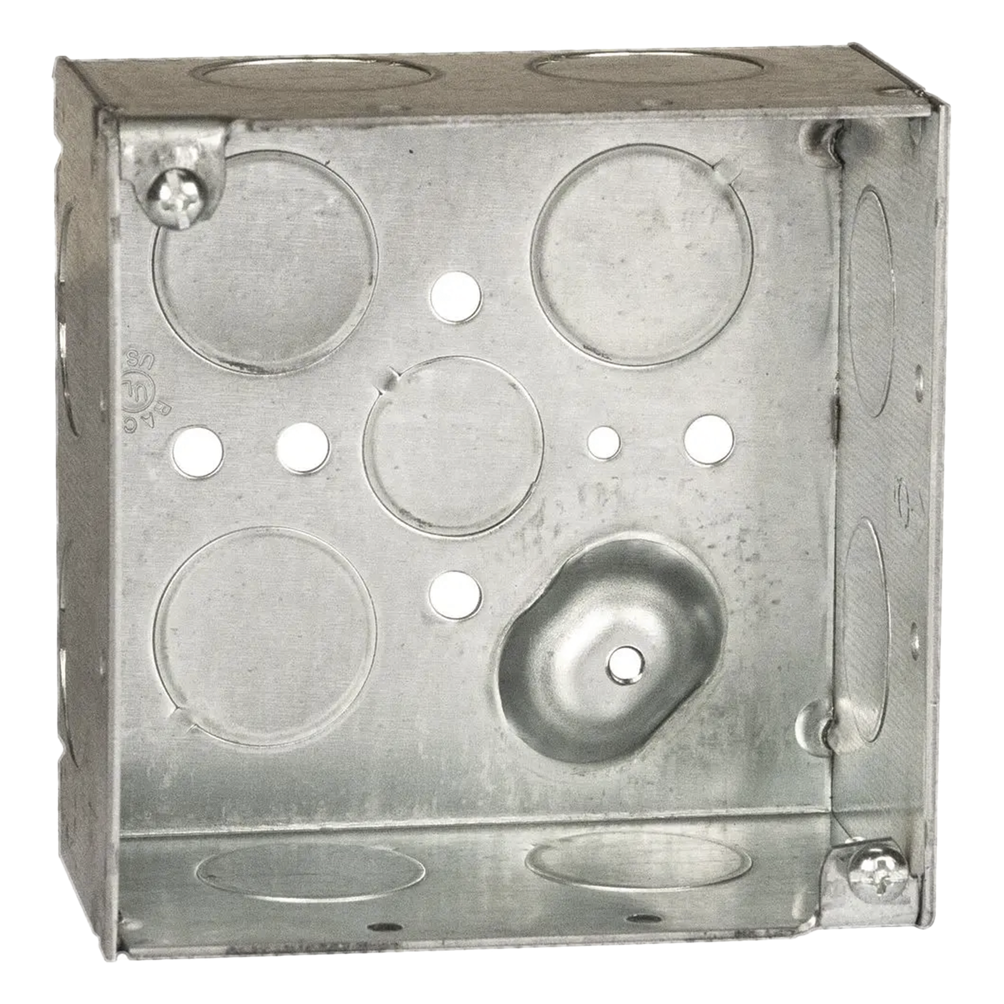 Caja Cuadrada Galvanizada  de 4 x 4" / Profundidad 2 1/8 / 11 Entradas de 3/4" y 1 de 1/2". — RACO · SKU HUB-231