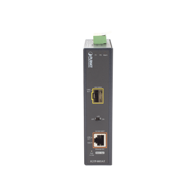 Convertidor de Medios PoE Industrial, Puerto SFP 1000BASE-SX/LX a Puerto RJ45 Gigabit con Salida PoE 802.3at (Hasta 30 W).