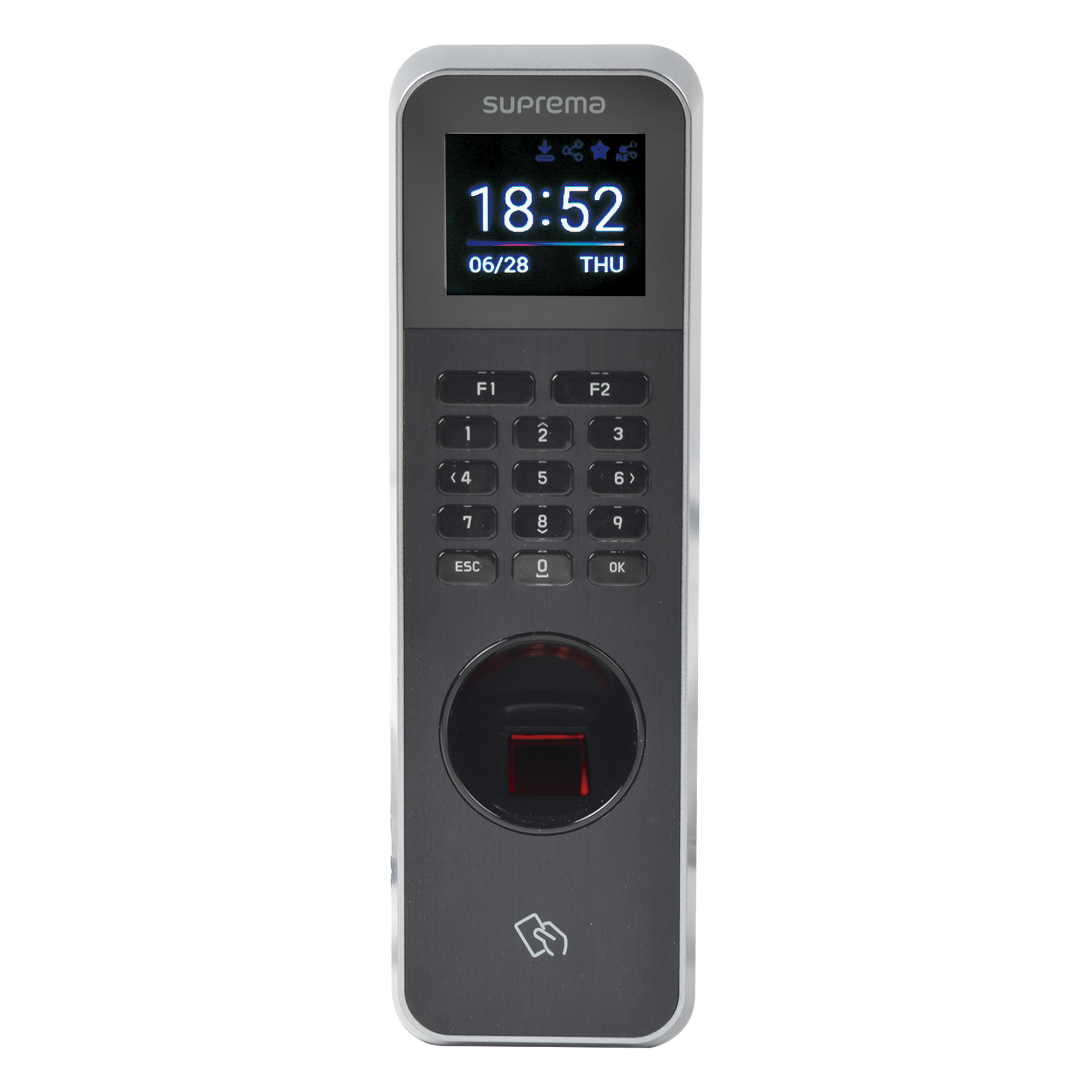Lector de Huella IP67 Con Teclado y Lector de Tarjetas RFIDNFC y (125kHz EM, HID Prox &13.56Mhz MIFARE, MIFARE Plus, DESFire/EV1, FeliCa, iCLASS SE/SR),NFC y BLUETOOTH, Uso para Control de Acceso y Asistencia — SUPREMA · SKU BLN2-OAB