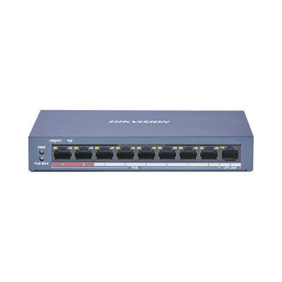 Switch PoE+ / No Administrable / 8 Puertos 10/100 Mbps PoE+ / 1 Puerto 100 Mbps Uplink / PoE hasta 250 metros / 60 W — HIKVISION · SKU DS-3E0109P-E/M(B)