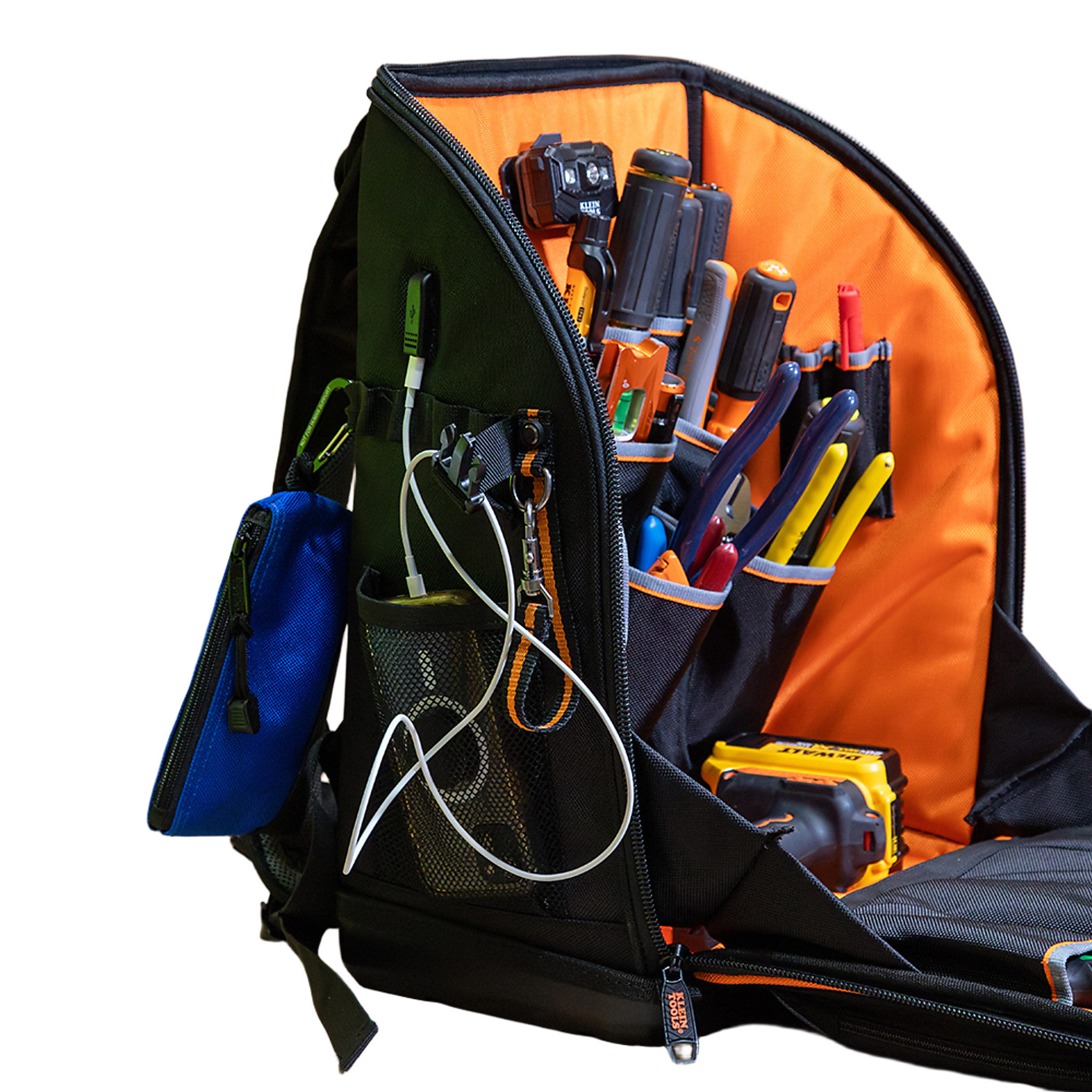 Mochila Profesional para Herramientas / 27 Bolsillos / Acceso Rápido y Estación de Trabajo / Base Moldeada Ancha / Interior Naranja / USB-C / Soporte para Lámpara