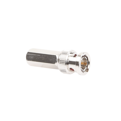 Conector BNC Macho de Ensamble Roscable (Hex.) en Sentido de las Manecillas de Reloj para Cable Coaxial RG-59/U, Níquel/ Oro/ Delrin.