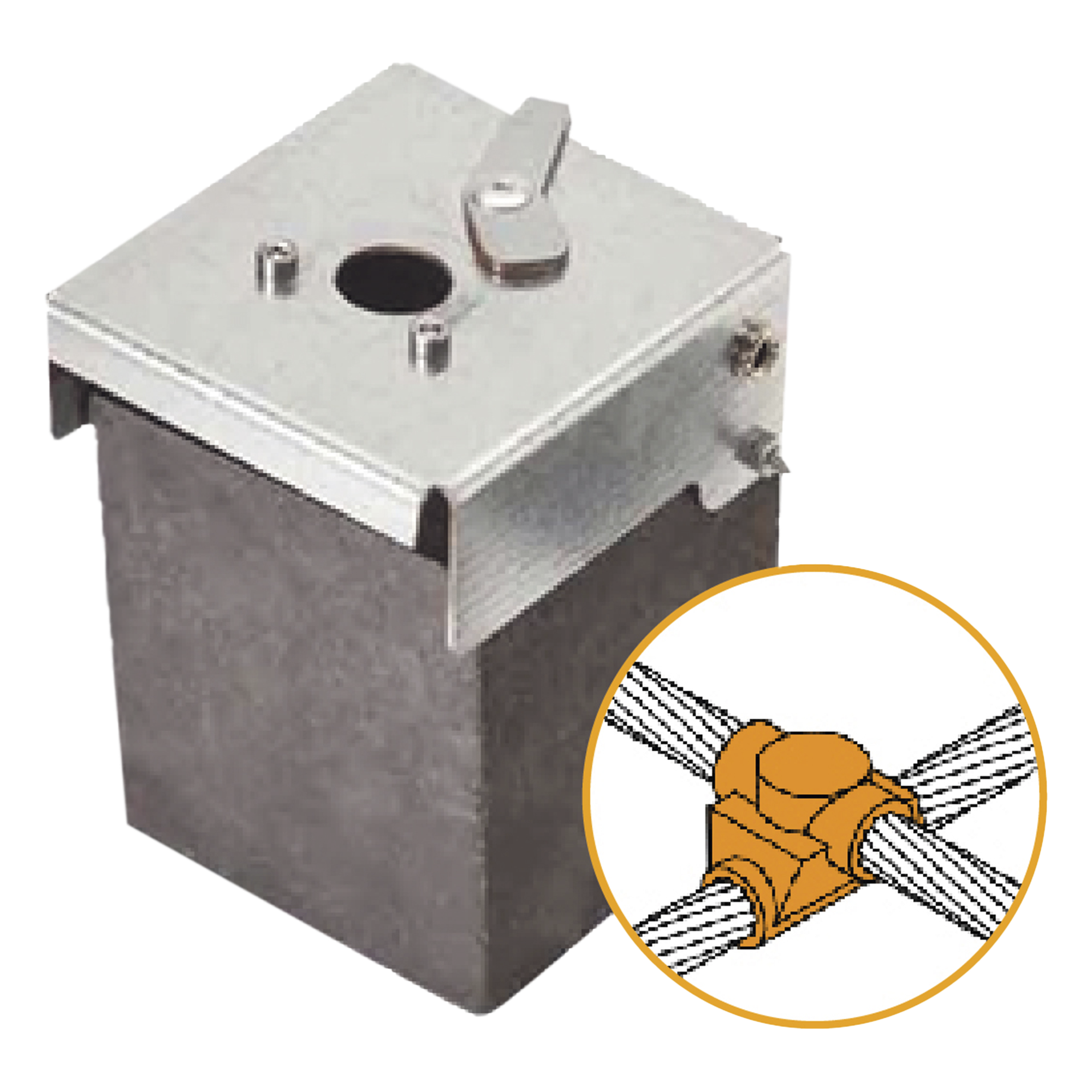 Molde de Grafito Horizontal Unión en Cruz / Cable 4/0 AWG (120 mm²) / 50 Soldaduras / Acero Electrogalvanizado / Normativa UNE 21186 — APLICACIONES TECNOLOGICAS · SKU AT-W40/W40/XS