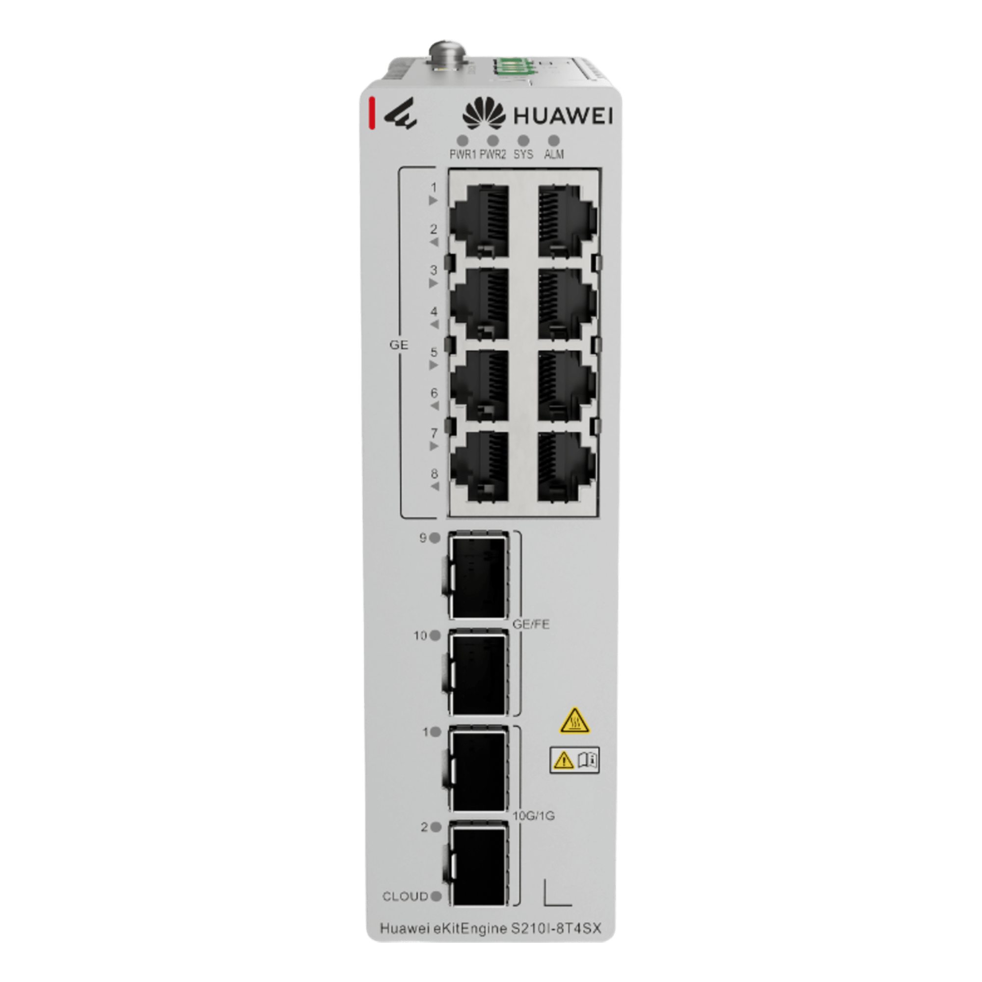 Switch Industrial eKit / 8 Puertos Gigabit + 2 SFP + 2 SFP+ / Montaje en Riel DIN / Fuente Redundante 1+1 : 9.6 a 50 VCD / Libre de licenciamiento / Gestión gratuita desde la Nube — HUAWEI · SKU S210I-8T4SX