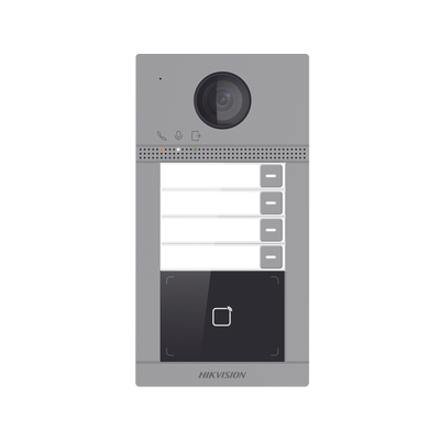 Videoportero IP 2 Megapixel / Llamada y Apertura Remota desde App Hik-Connect (Requiere monitor )/ PoE / Exterior IP65 + Antivandalico IK08 / 4 Departamento / Apertura con Tarjeta / Soporta 2 Puertas y hasta 6 Monitores