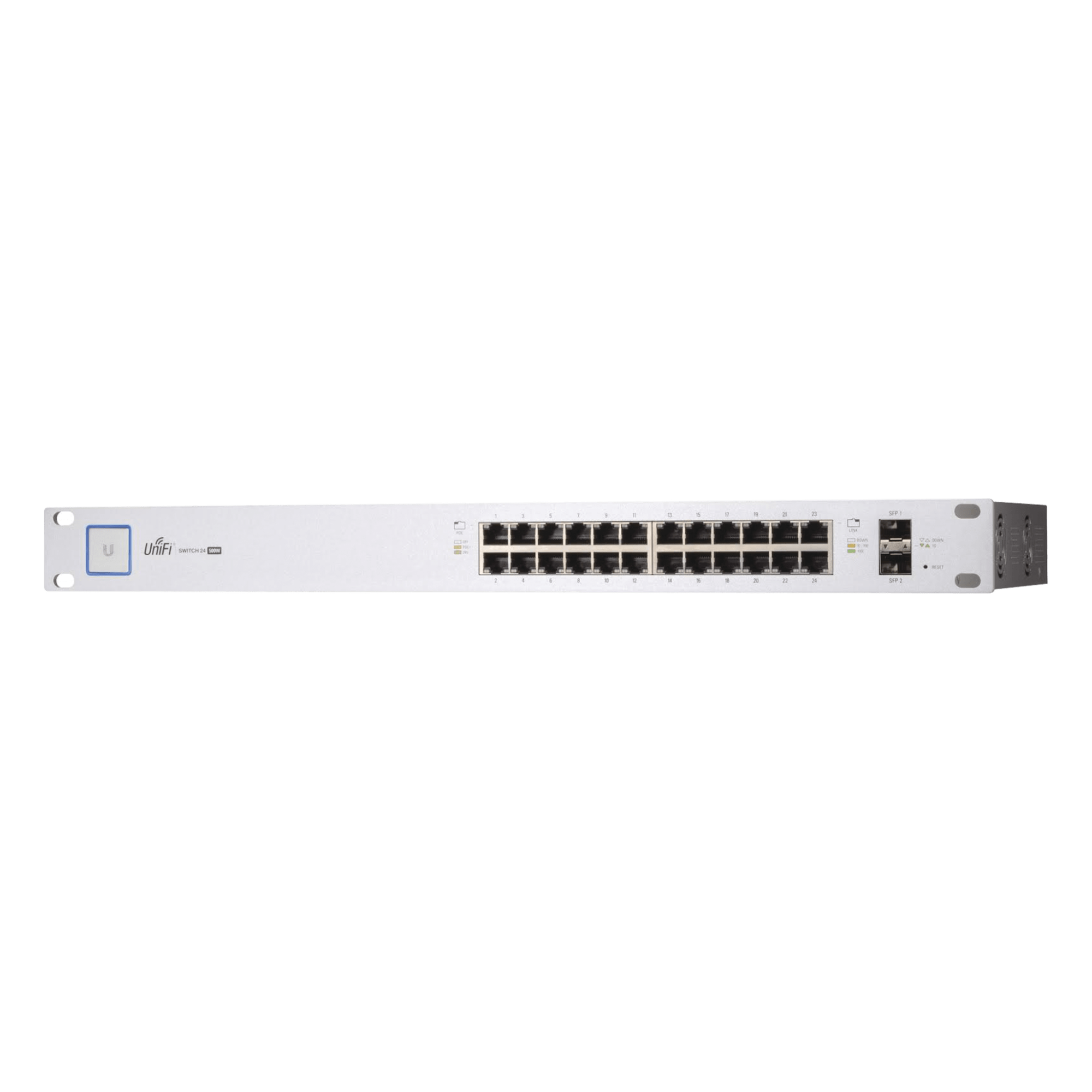 Switch PoE UniFi capa 2 Administrable de 26 puertos Gigabit (24 eth PoE y 2 SFP) 802.3 af/at / Pasivo 24V, 500 Watts, throughput de 38.69 Mpps