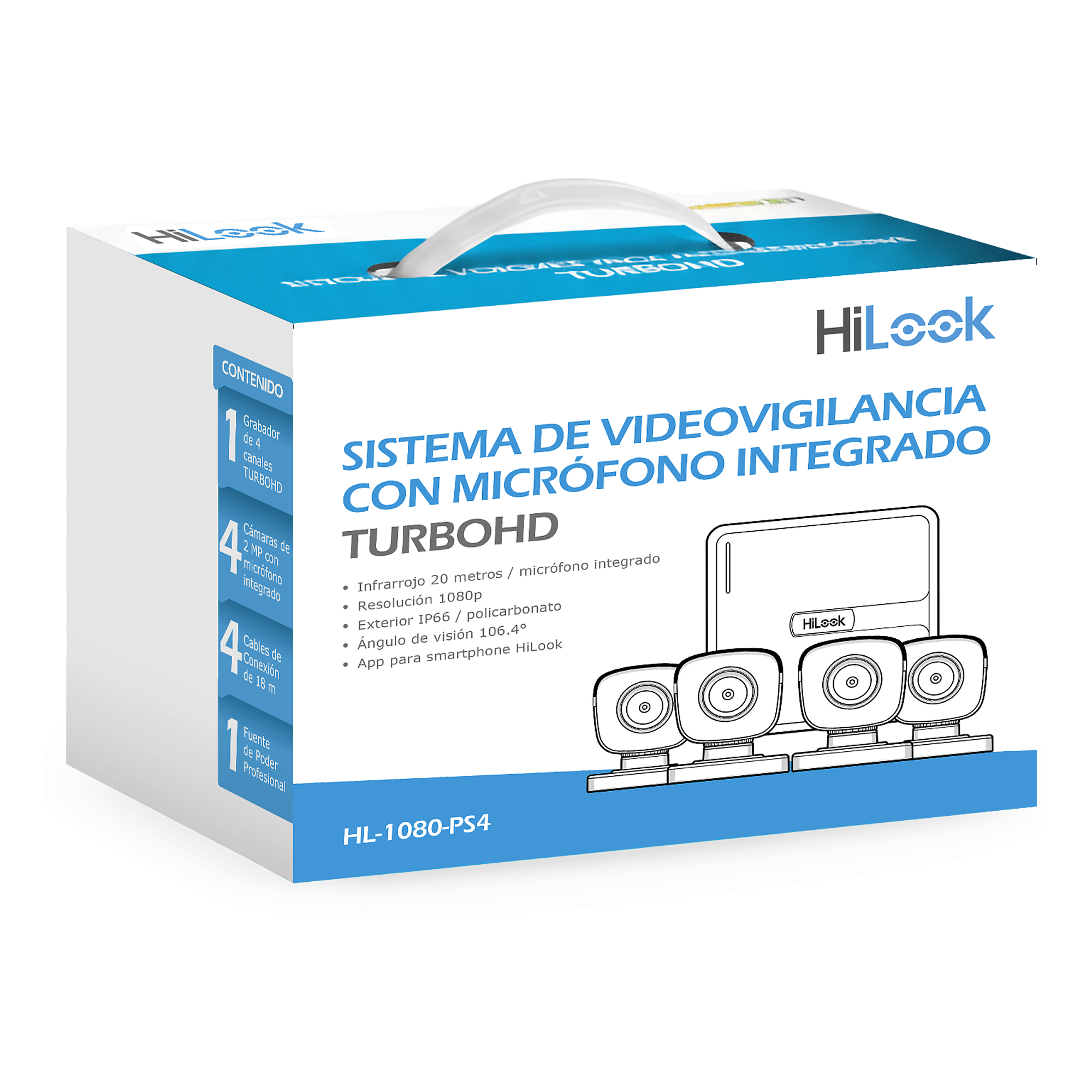 (MICRÓFONO Integrado) Kit TurboHD 1080p Lite / DVR 4 canales / Audio por Coaxitron / 4 Cámaras Bala de Policarbonato con Micrófono Integrado — HiLook by HIKVISION · SKU HL-1080-PS4