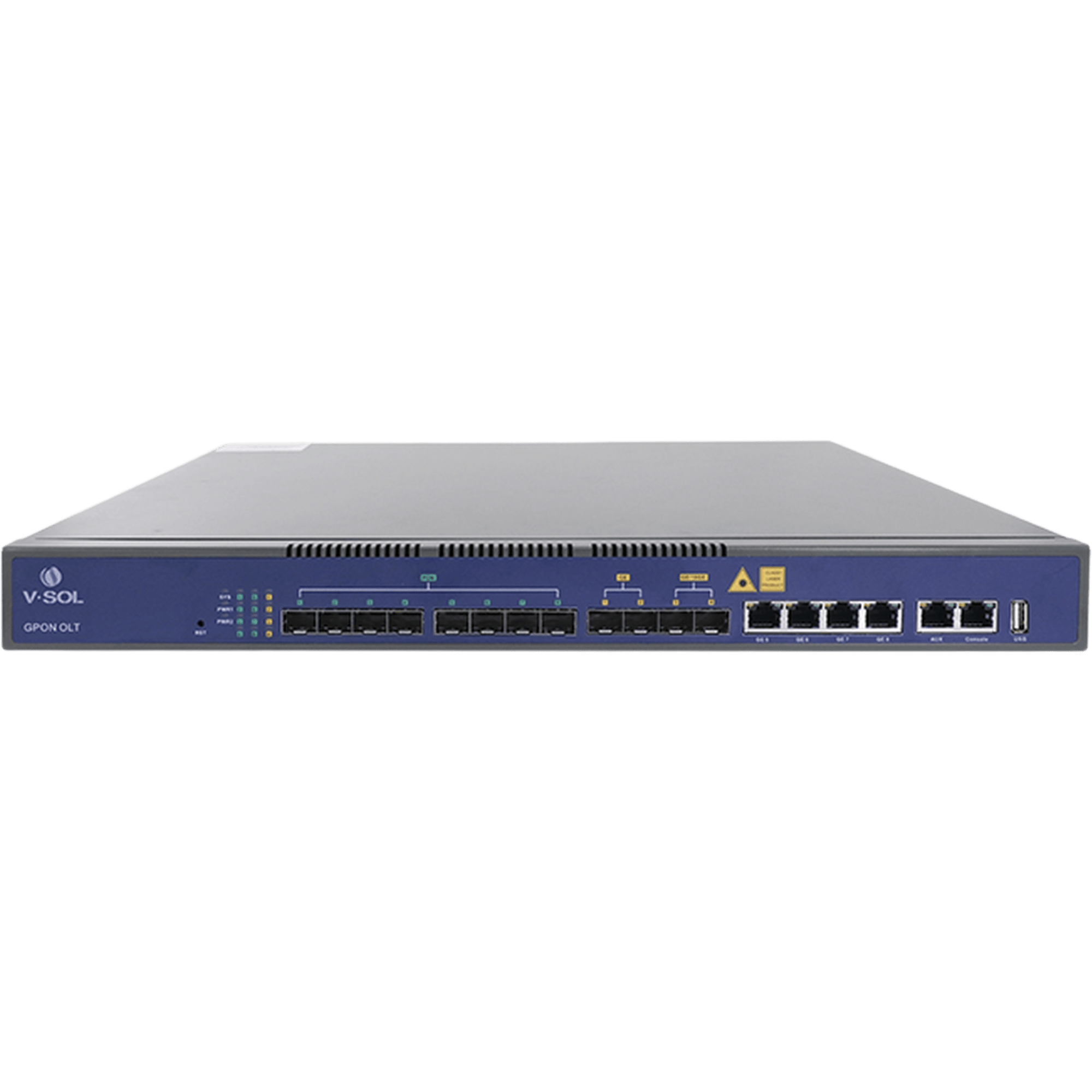 OLT de 8 puertos GPON con 8 puertos Uplink (4 puertos Gigabit Ethernet + 2 puertos SFP + 2 puertos SFP+) hasta 1,024 ONUs