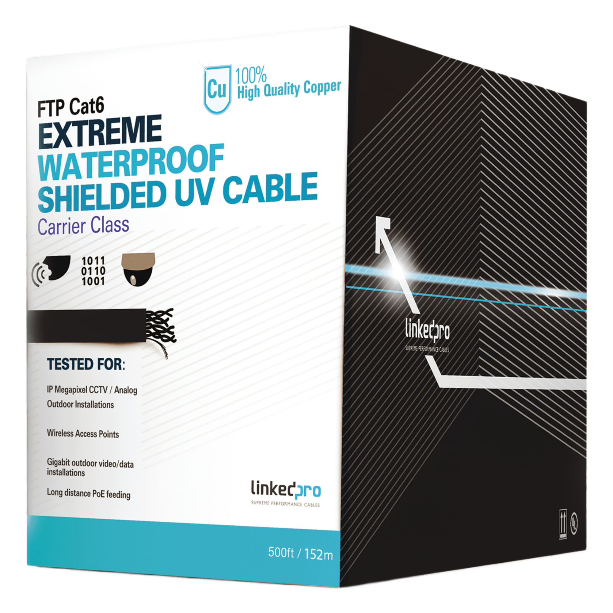 Bobina de 152.5 Metros (500 Pies) Cat6+ Calibre 23 Exterior Blindado Tipo FTP Para Climas Extremos, UL Para Aplicaciones de Video Vigilancia y Redes de Datos. Para Uso en Intemperie. — LINKEDPRO BY EPCOM · SKU PRO-CAT-6-EXT/500