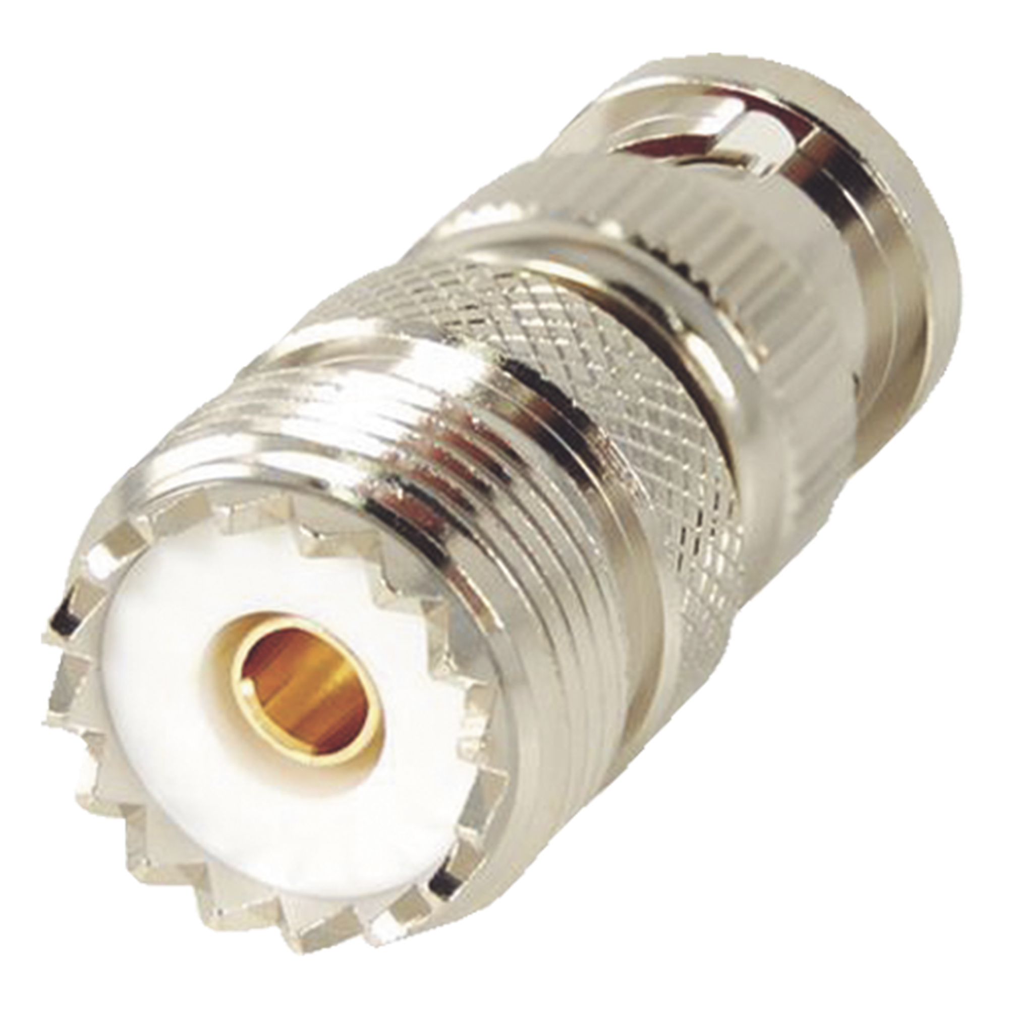 Adaptador en Linea para 50 Ohm, Conector BNC Macho-UHF Hembra (SO-239), Níquel/ Oro/ Delrin. — RF INDUSTRIES,LTD · SKU RFB-1136