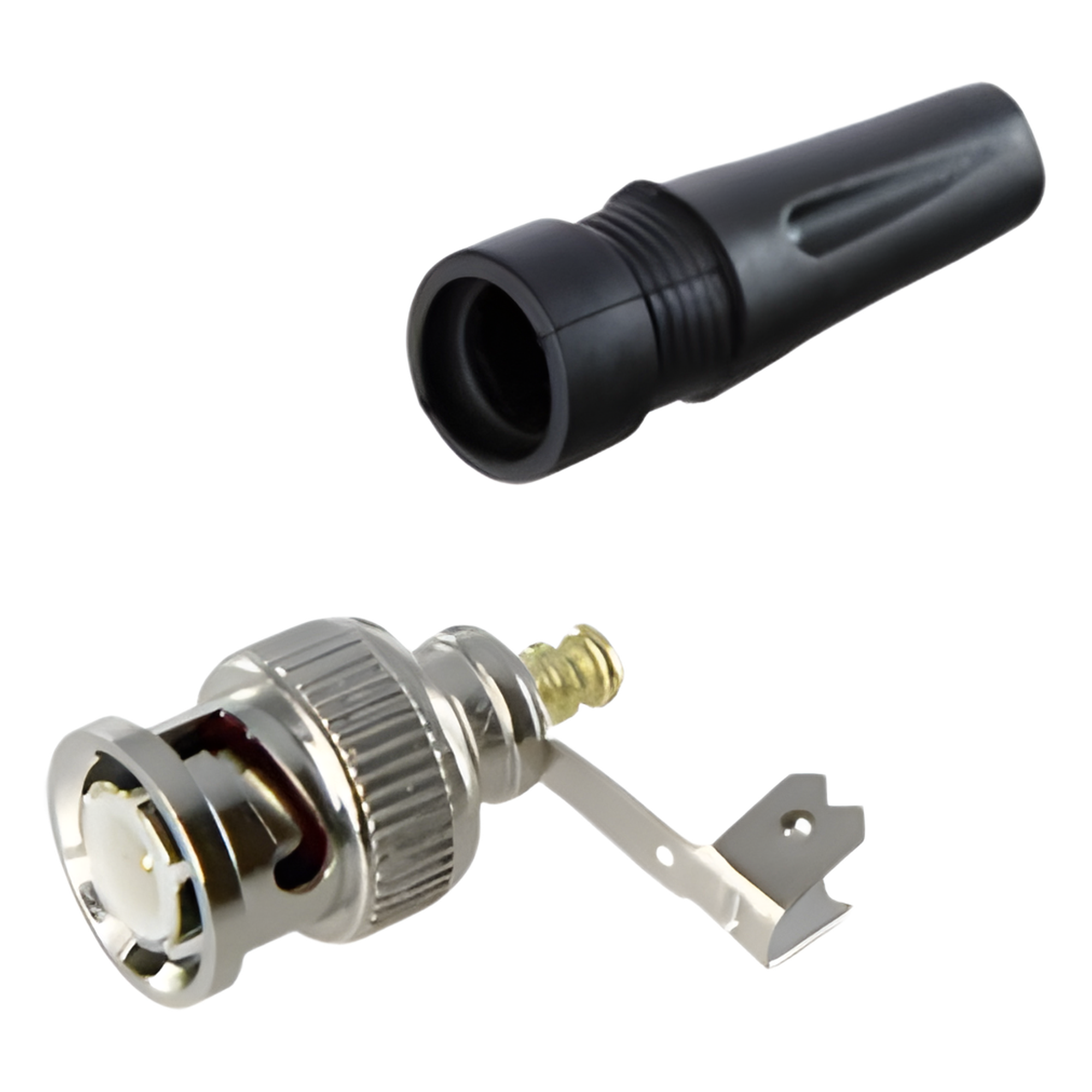 Conector BNC macho en 75 Ohm, para cable coaxial RG-59 / Con base de alivio negra de PVC, Níquel/ Oro/ PTFE. — EPCOM TITANIUM · SKU TT-RG-93