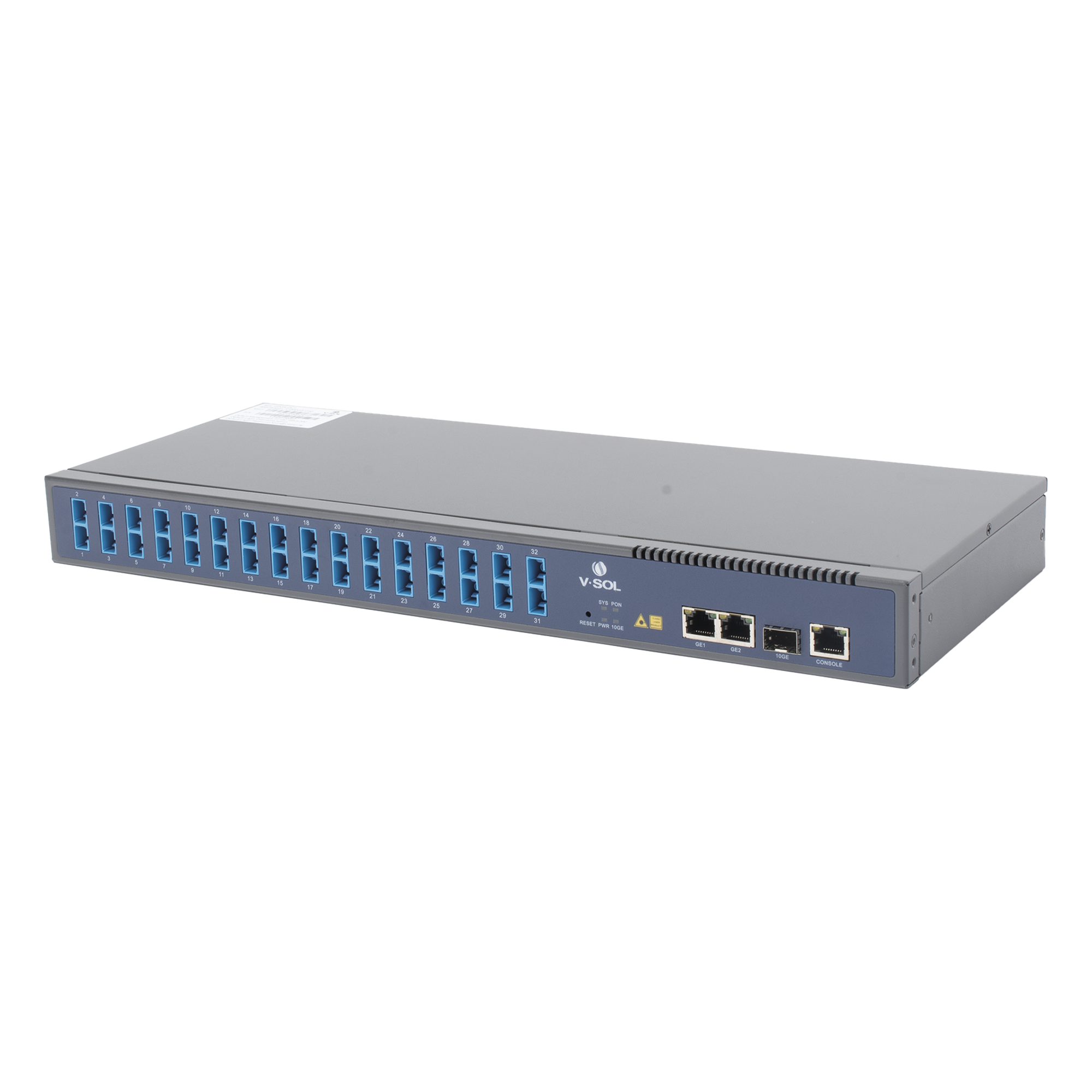 OLT de 1 GPON puerto con Splitter de 1 a 32 SC/UPC Incluido + 3 puertos Uplink (2 puertos Gigabit Ethernet + 1 puerto SFP/SFP+) , hasta 128 ONUS — V-SOL · SKU V1600GS-O32