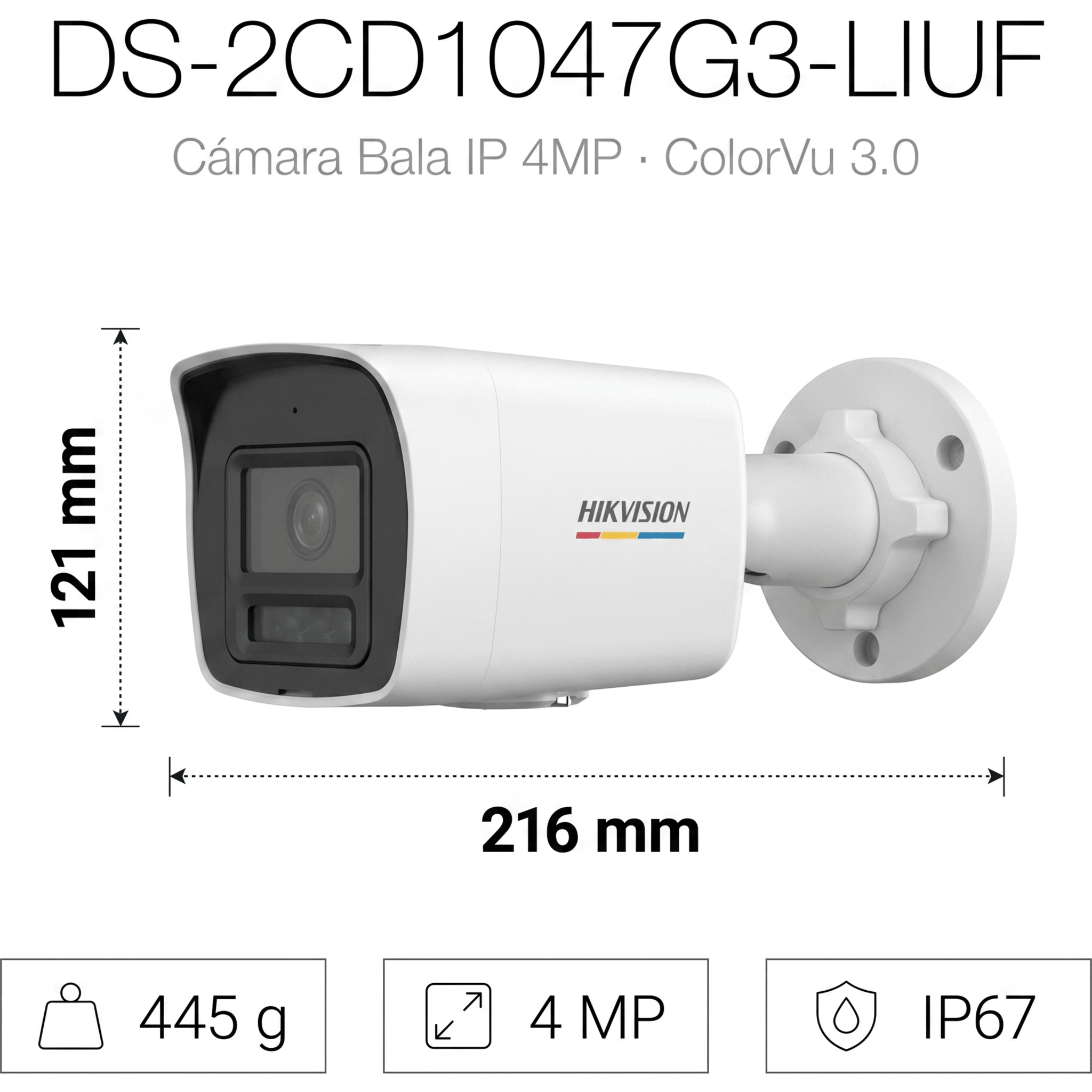 [ColorVu 3.0 + MD 3.0] Bala IP 4 Megapixel / Lente 2.8 mm / Dual Light (30 mts IR + 30 mts Luz Blanca) / Micrófono Integrado / Detección de Movimiento 3.0 / Exterior IP67 / WDR / PoE / Micro SD 
