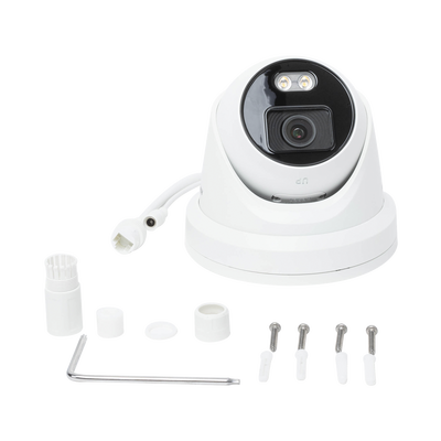 Turret IP 4 Megapixel / Imagen a color 24/7 / Lente 4 mm / Luz Blanca 30 mts / WDR 130 dB / Exterior IP67 / Micrófono Integrado / Captura Facial / Videoanaliticos (Filtro de Falsas Alarmas) / MicroSD