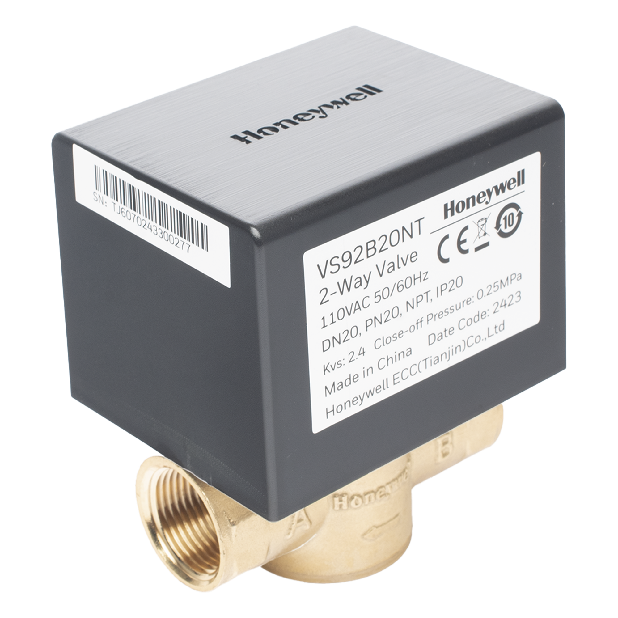 Válvula de control eléctrica de 2 vías para fancoil, retorno por resorte, normalmente cerrada, 110 V CA, DN20 (3/4"), conexión NPT — HONEYWELL BMS · SKU VS92B20NT