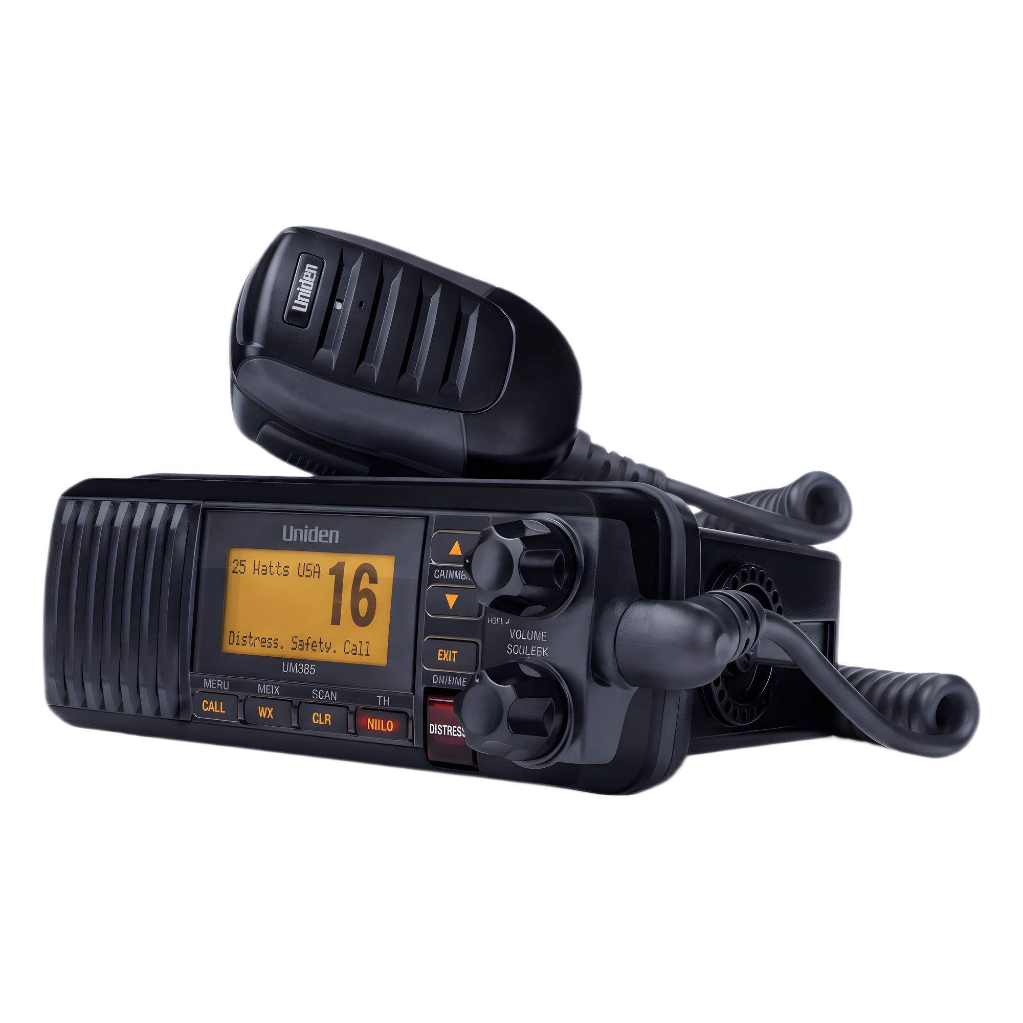 Radio Móvil Marino VHF / 25W / IPX4 / DSC Clase D con GPS / Pantalla LCD / Negro — UNIDEN · SKU UM-385BK