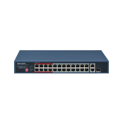 Switch PoE+ / No Administrable / 24 Puertos 10/100 Mbps PoE+ / 2 Puertos 1000 Mbps Uplink / 1 Puerto SFP Uplink / Modo Extendido hasta 300 Metros / 230 W — HIKVISION · SKU DS-3E0326P-E/M(C)